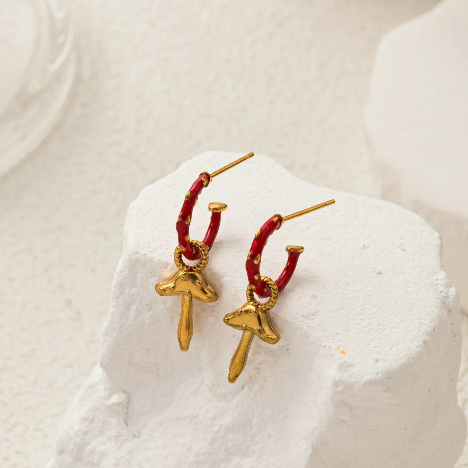 Red Enamel Mushroom Hoop Drops - Image 2