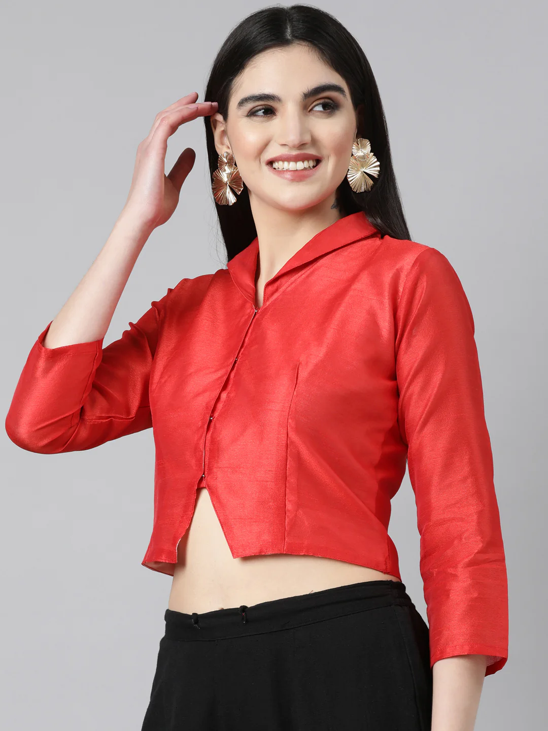 Red Solid Three-Quarter Sleeves Mandarin Collar Dupion Silk Knot Blouse - Image 2