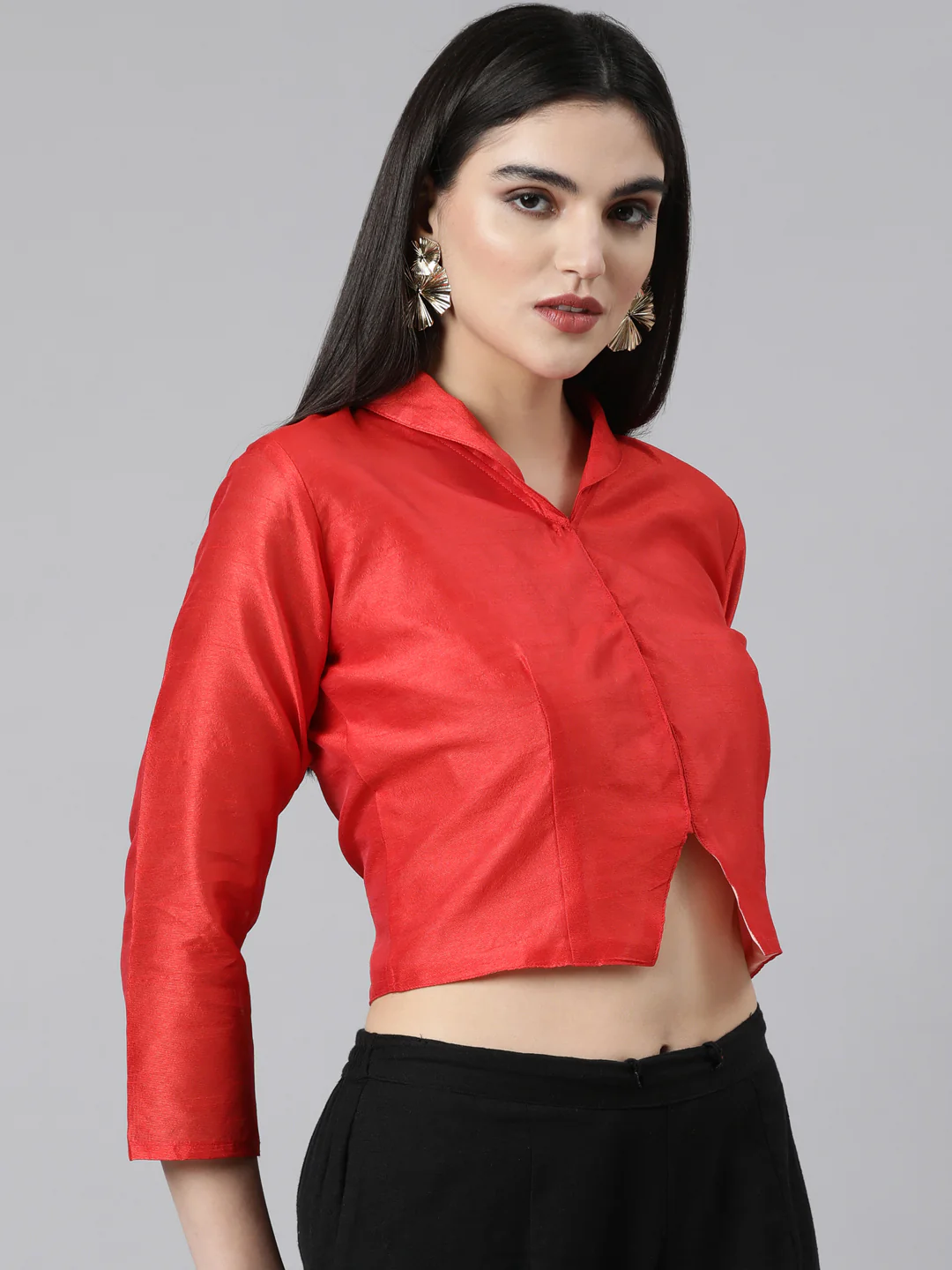 Red Solid Three-Quarter Sleeves Mandarin Collar Dupion Silk Knot Blouse - Image 3
