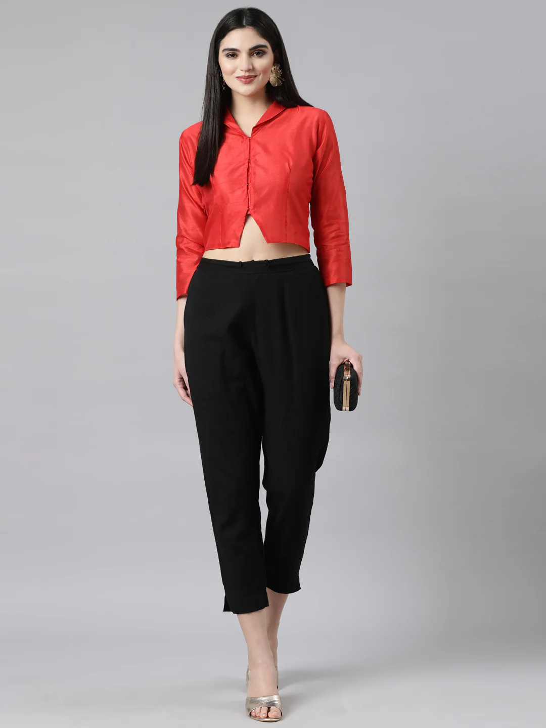 Red Solid Three-Quarter Sleeves Mandarin Collar Dupion Silk Knot Blouse - Image 5