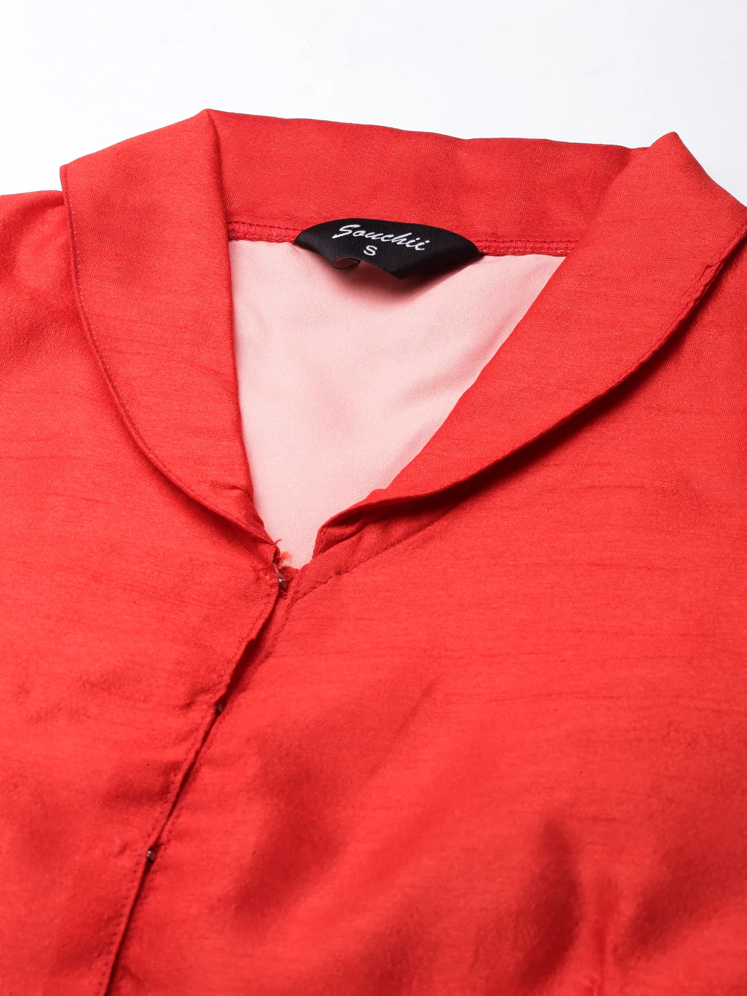 Red Solid Three-Quarter Sleeves Mandarin Collar Dupion Silk Knot Blouse - Image 7