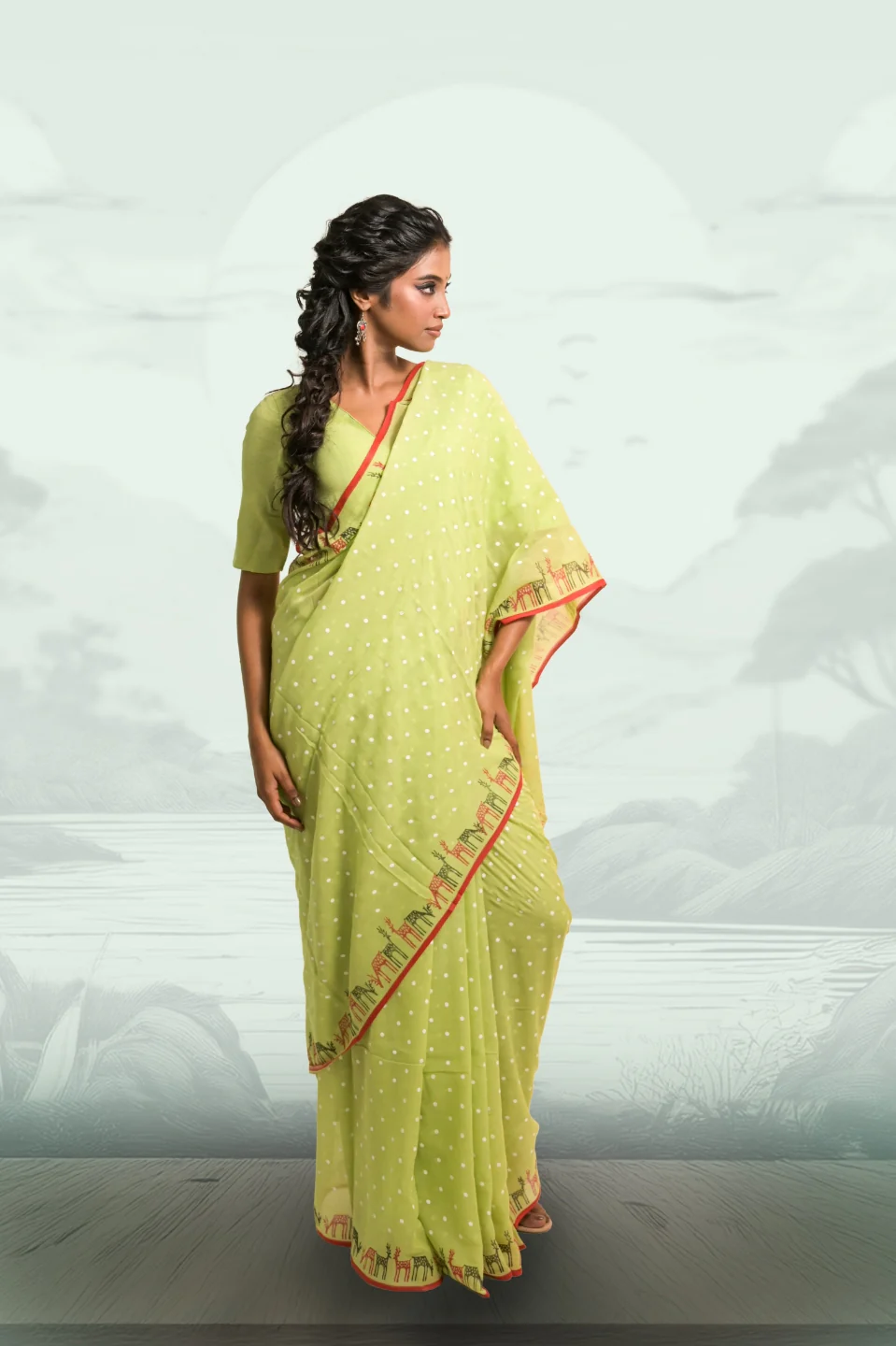 Reindeer Ready Pista Green Mul Cotton Saree with Handblock-Printed Polka Dot and Reindeer Motifs - Image 2