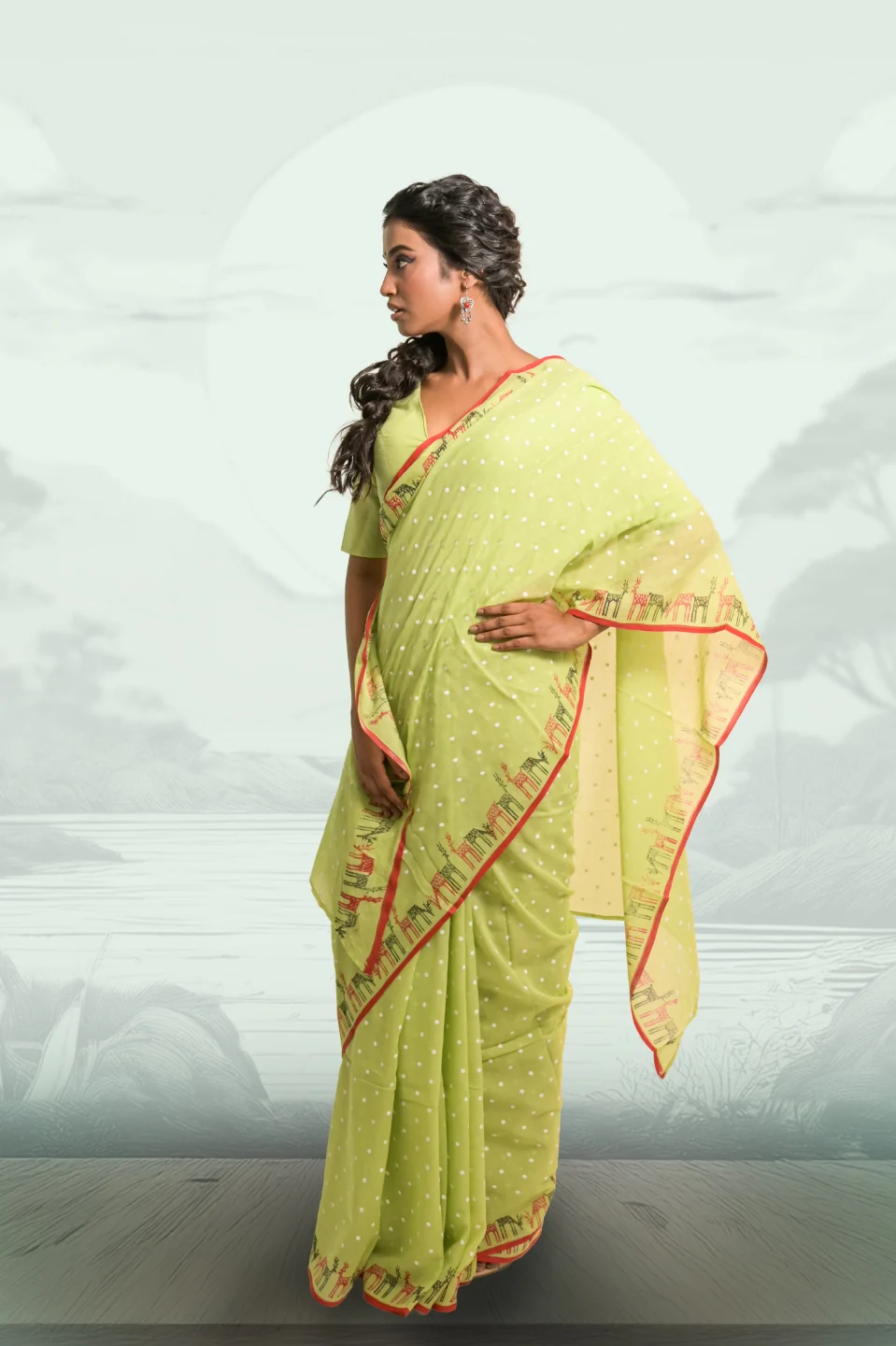 Reindeer Ready Pista Green Mul Cotton Saree with Handblock-Printed Polka Dot and Reindeer Motifs - Image 3