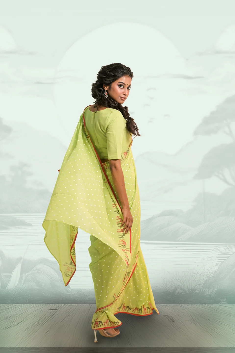 Reindeer Ready Pista Green Mul Cotton Saree with Handblock-Printed Polka Dot and Reindeer Motifs - Image 4