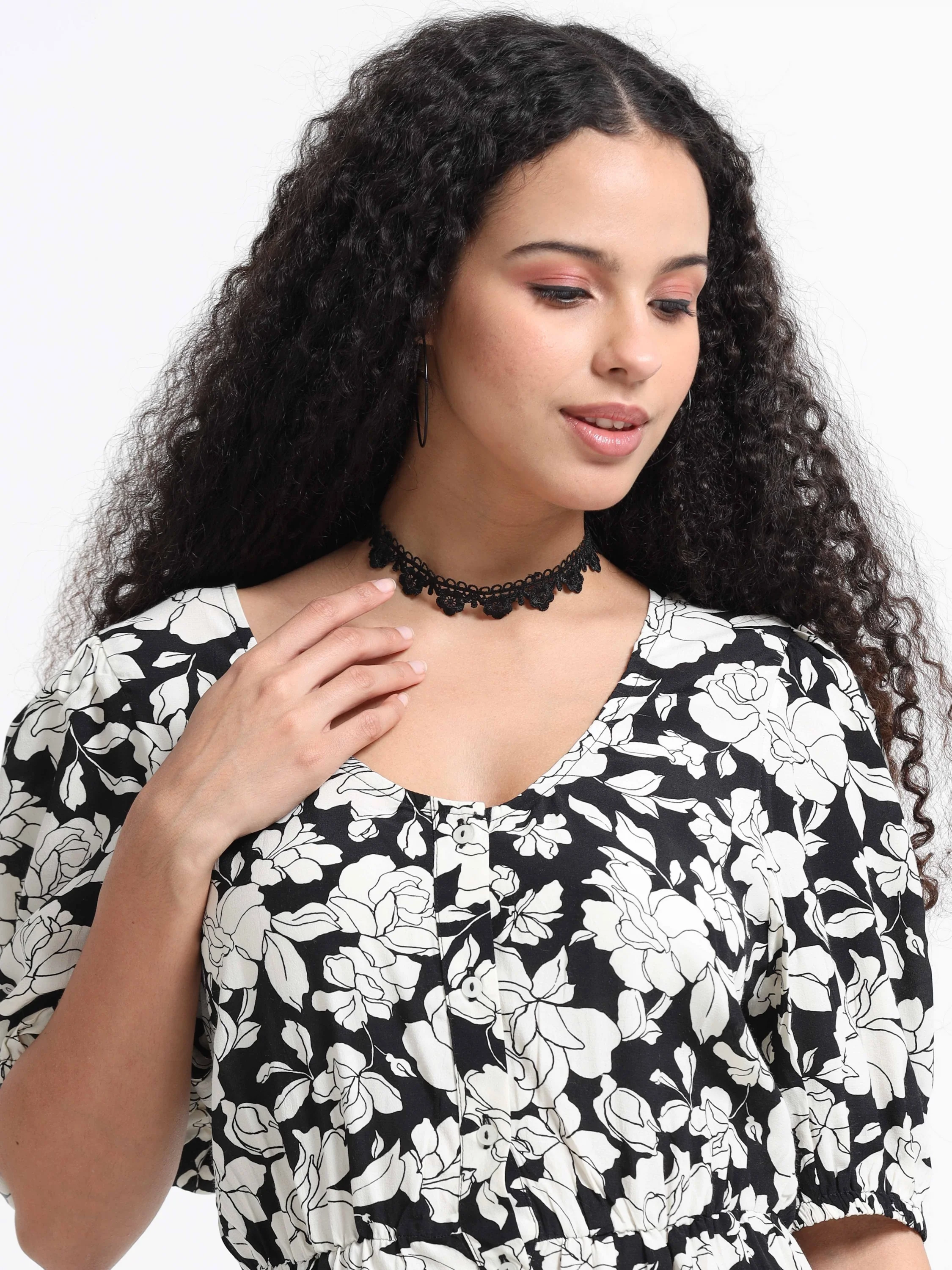 Women Retro Black White Floral Dress - Image 2