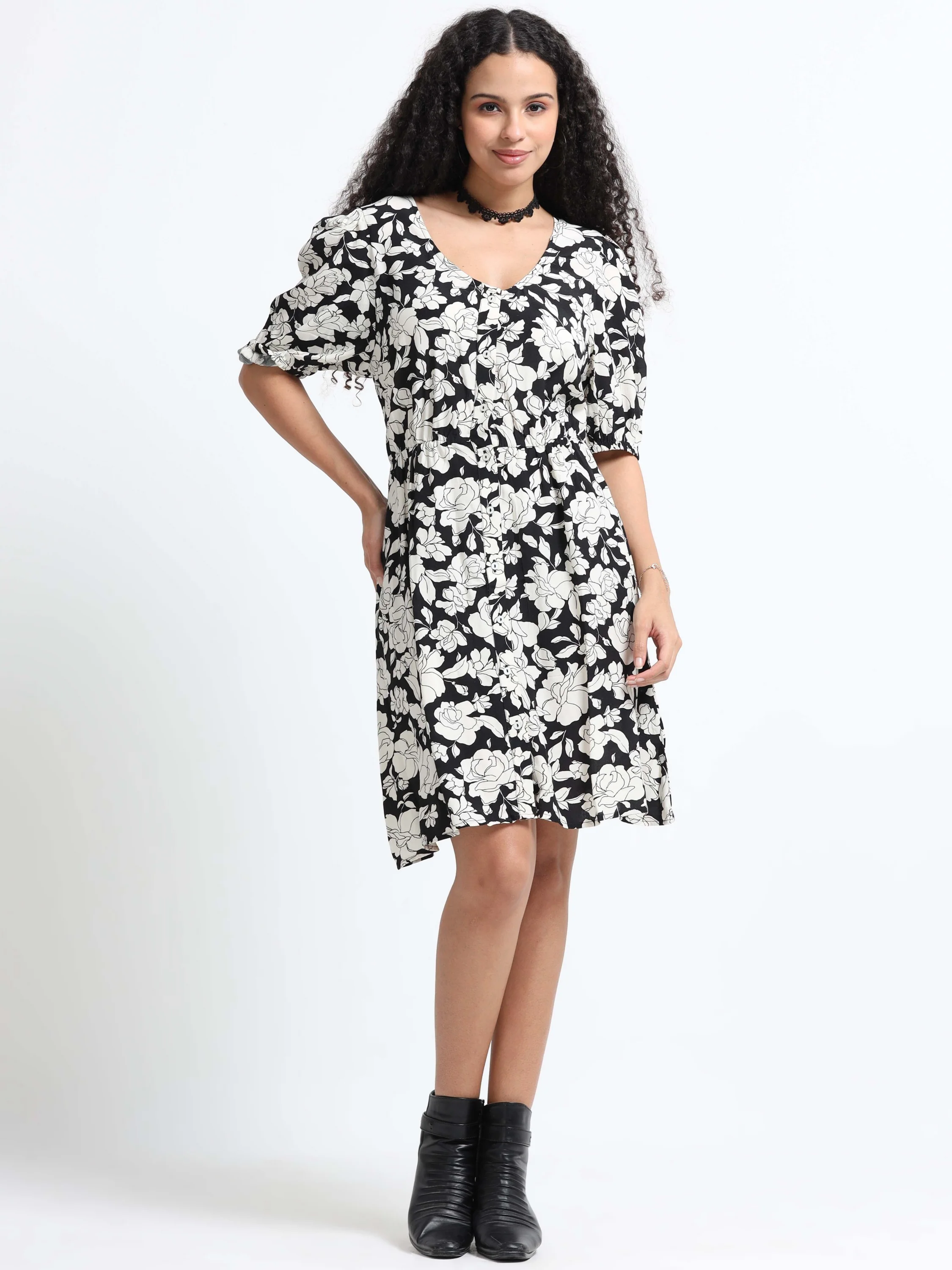 Women Retro Black White Floral Dress - Image 5