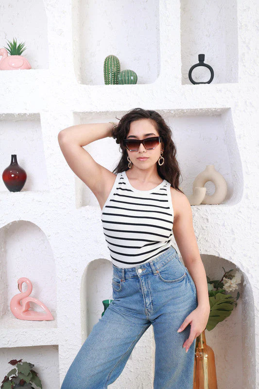 Women Rib Padded Stripe Vest Top - Image 7