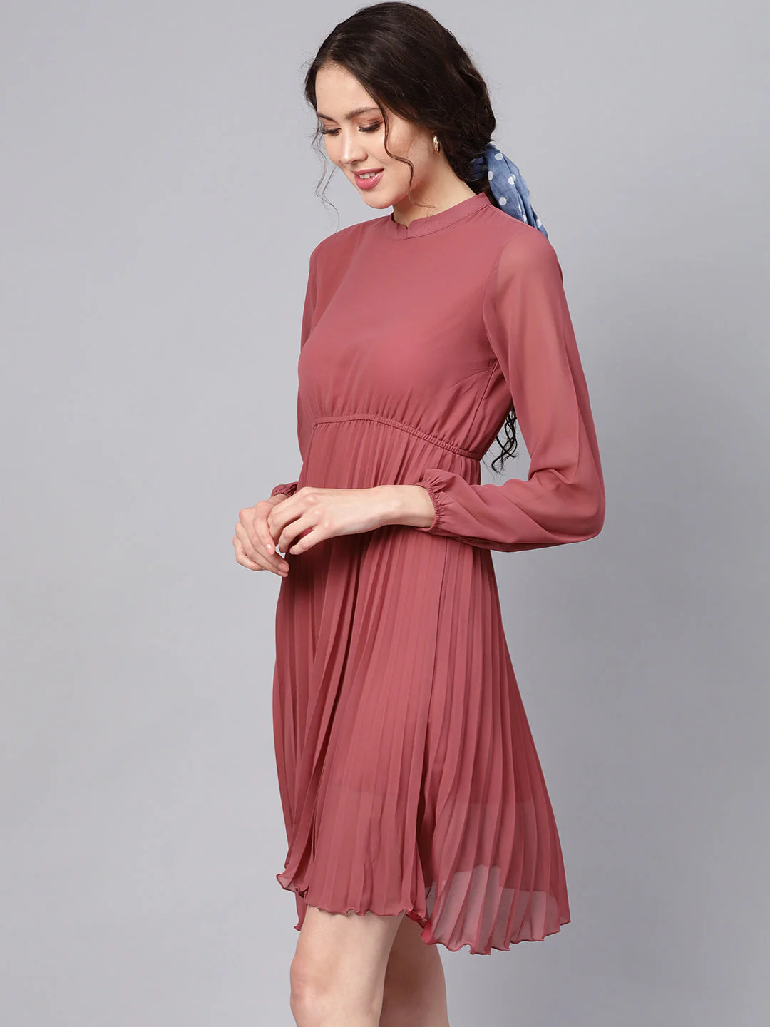 Women Rose Pink Mandrain Collar Pleated Skater Dress - Image 2