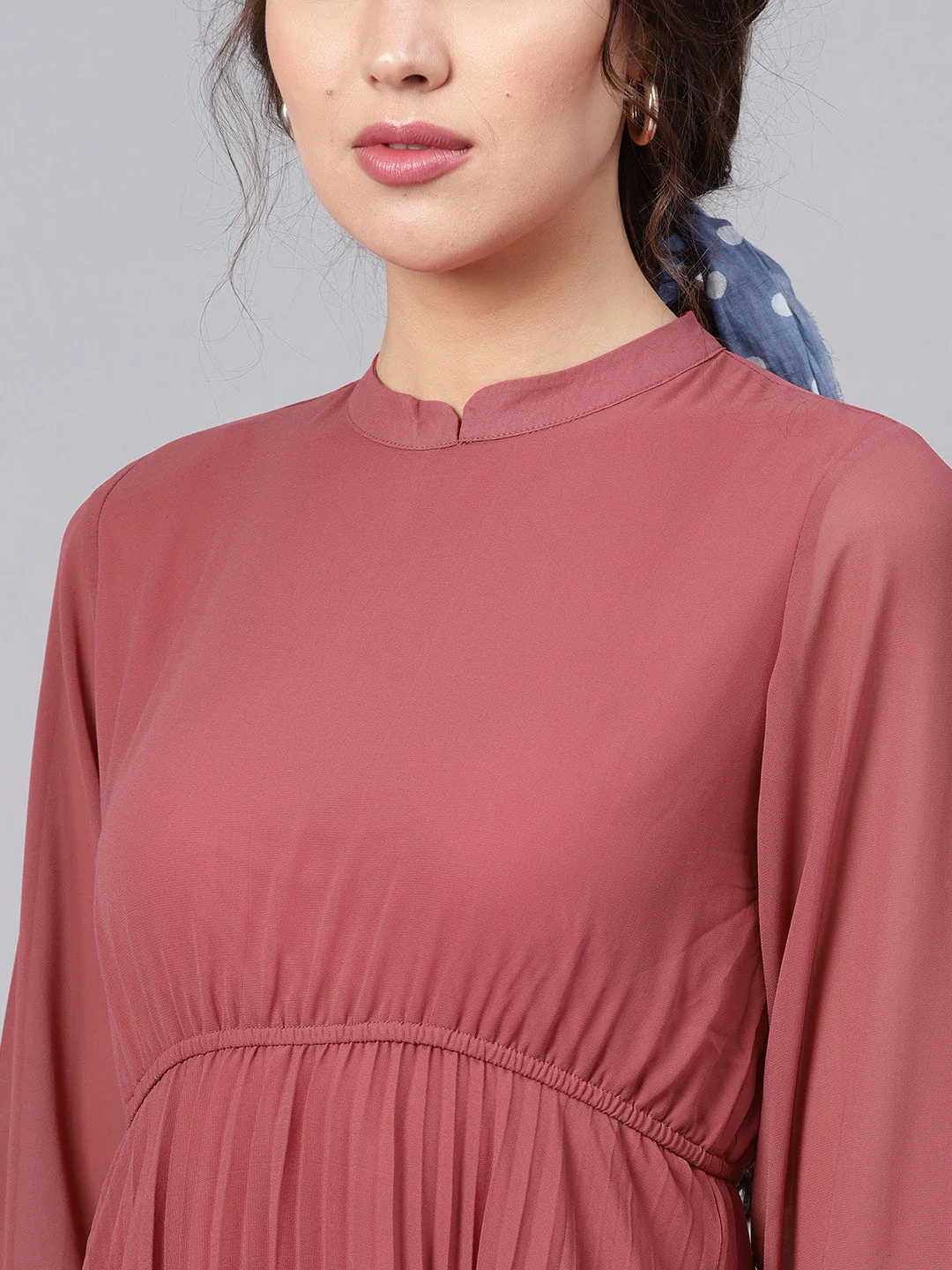 Women Rose Pink Mandrain Collar Pleated Skater Dress - Image 5