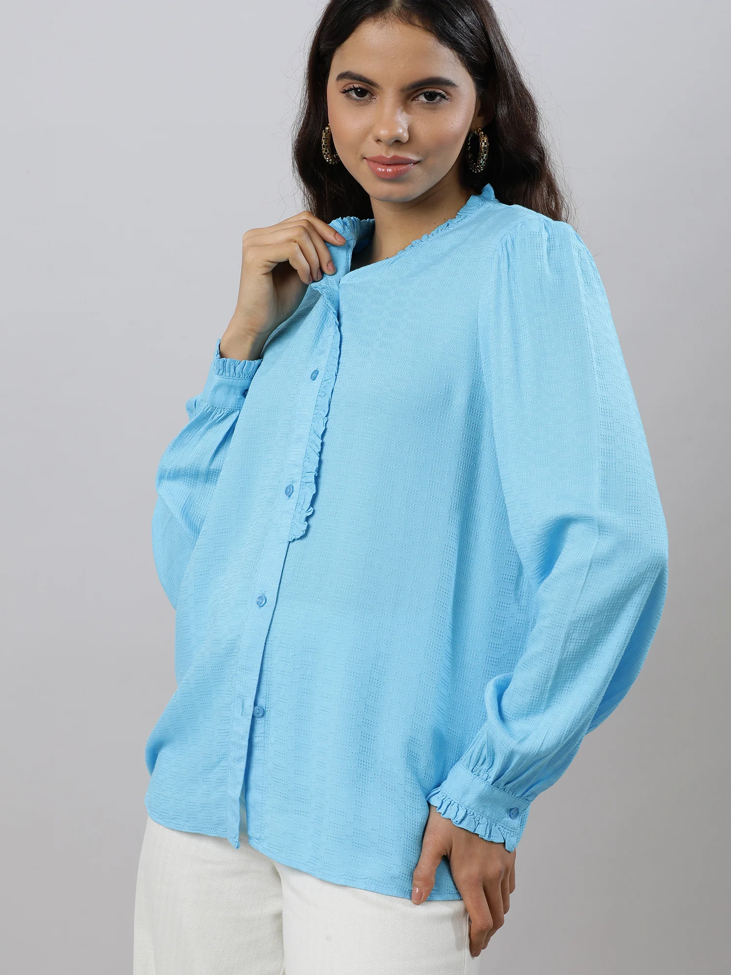 Women Ruffles Flare Blue Sleeve Top - Image 10