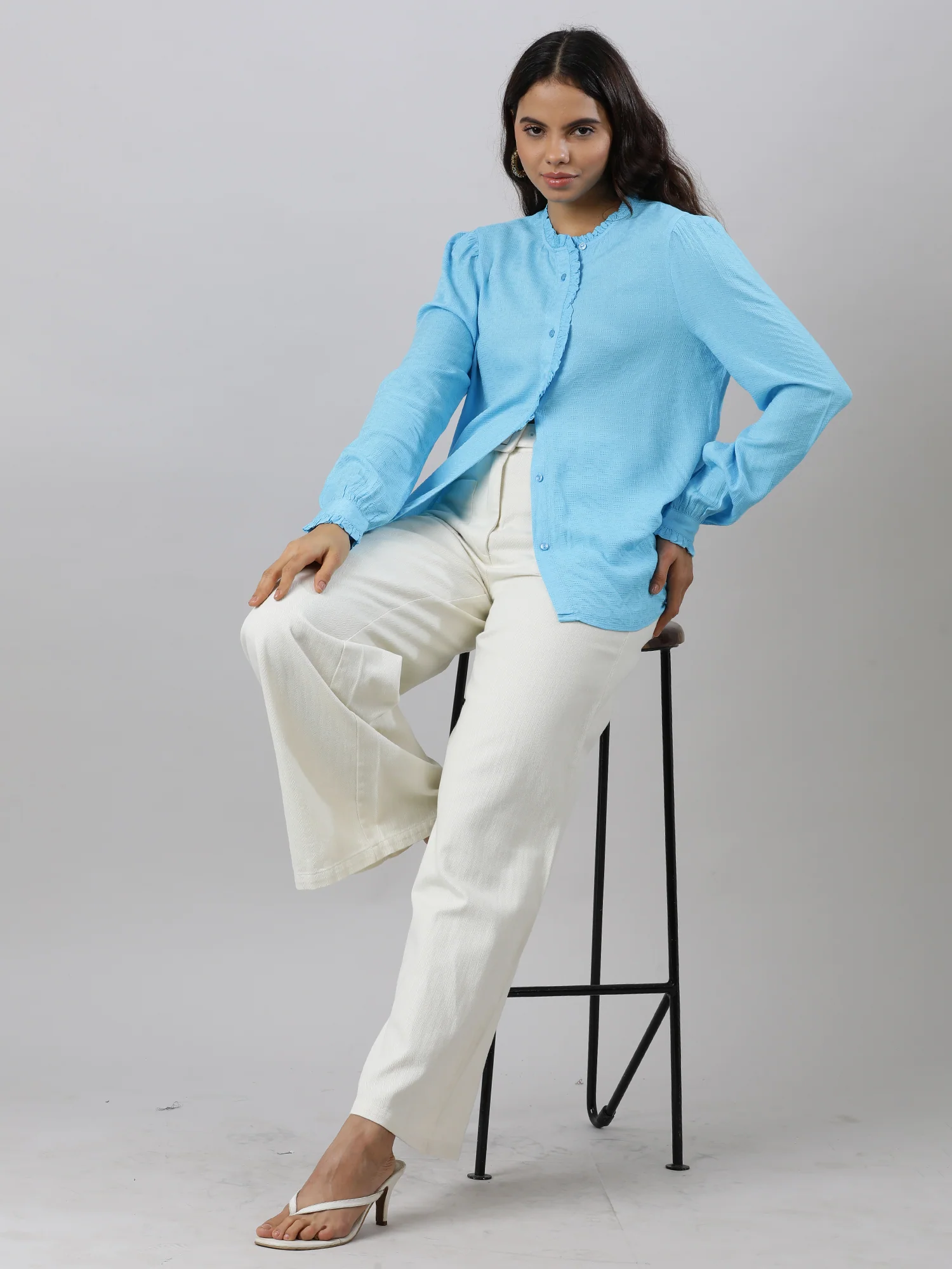 Women Ruffles Flare Blue Sleeve Top - Image 11
