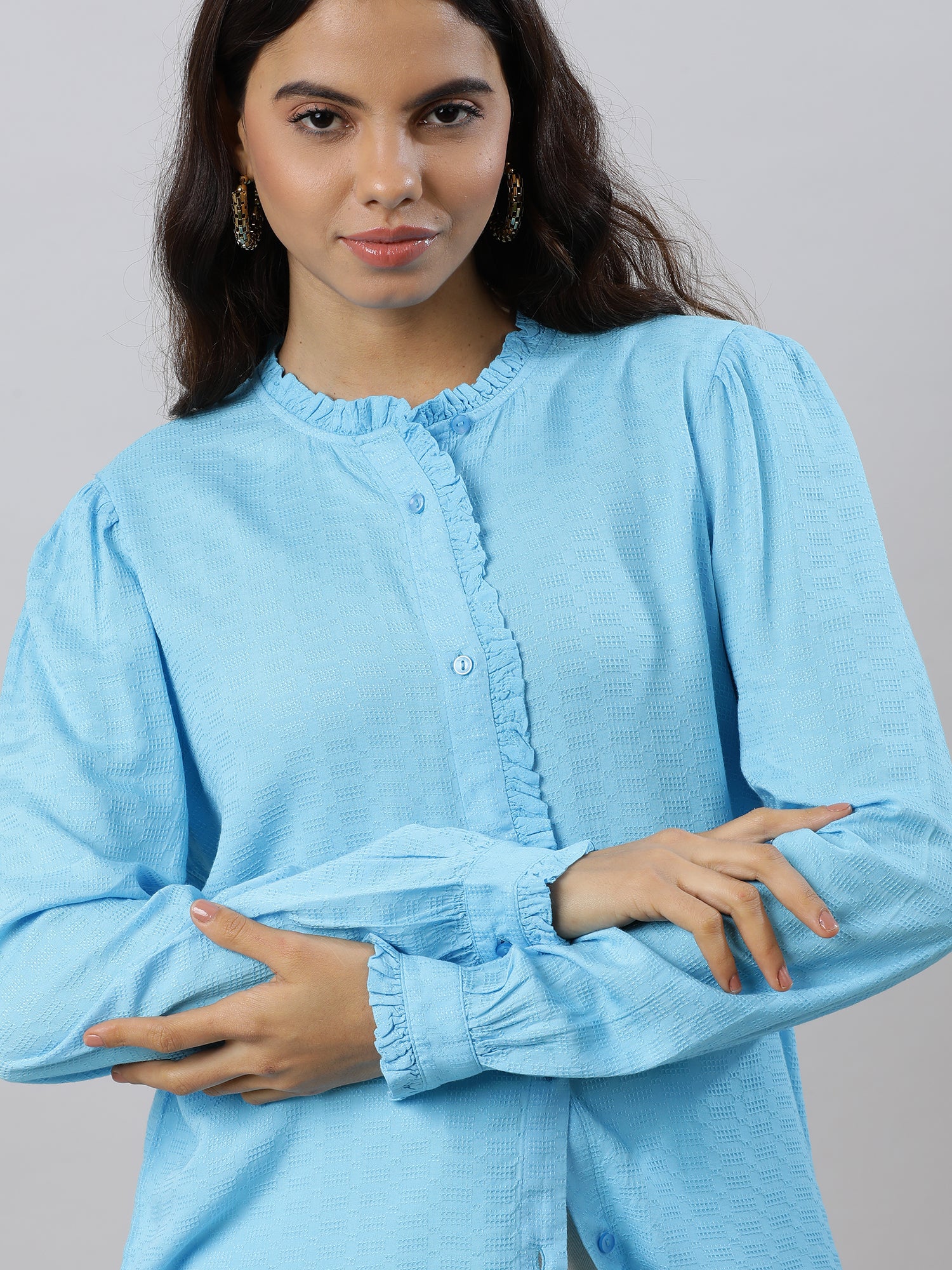 Women Ruffles Flare Blue Sleeve Top - Image 7