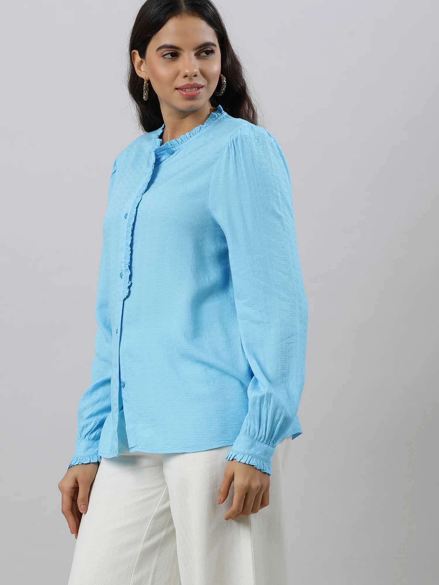 Women Ruffles Flare Blue Sleeve Top - Image 8
