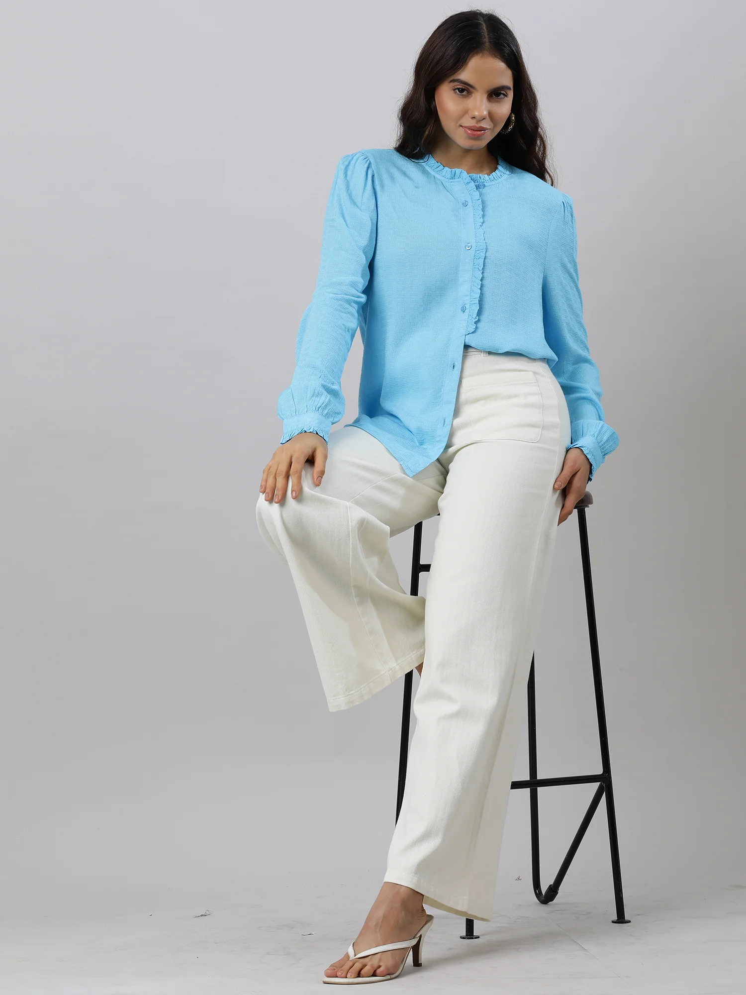 Women Ruffles Flare Blue Sleeve Top - Image 9