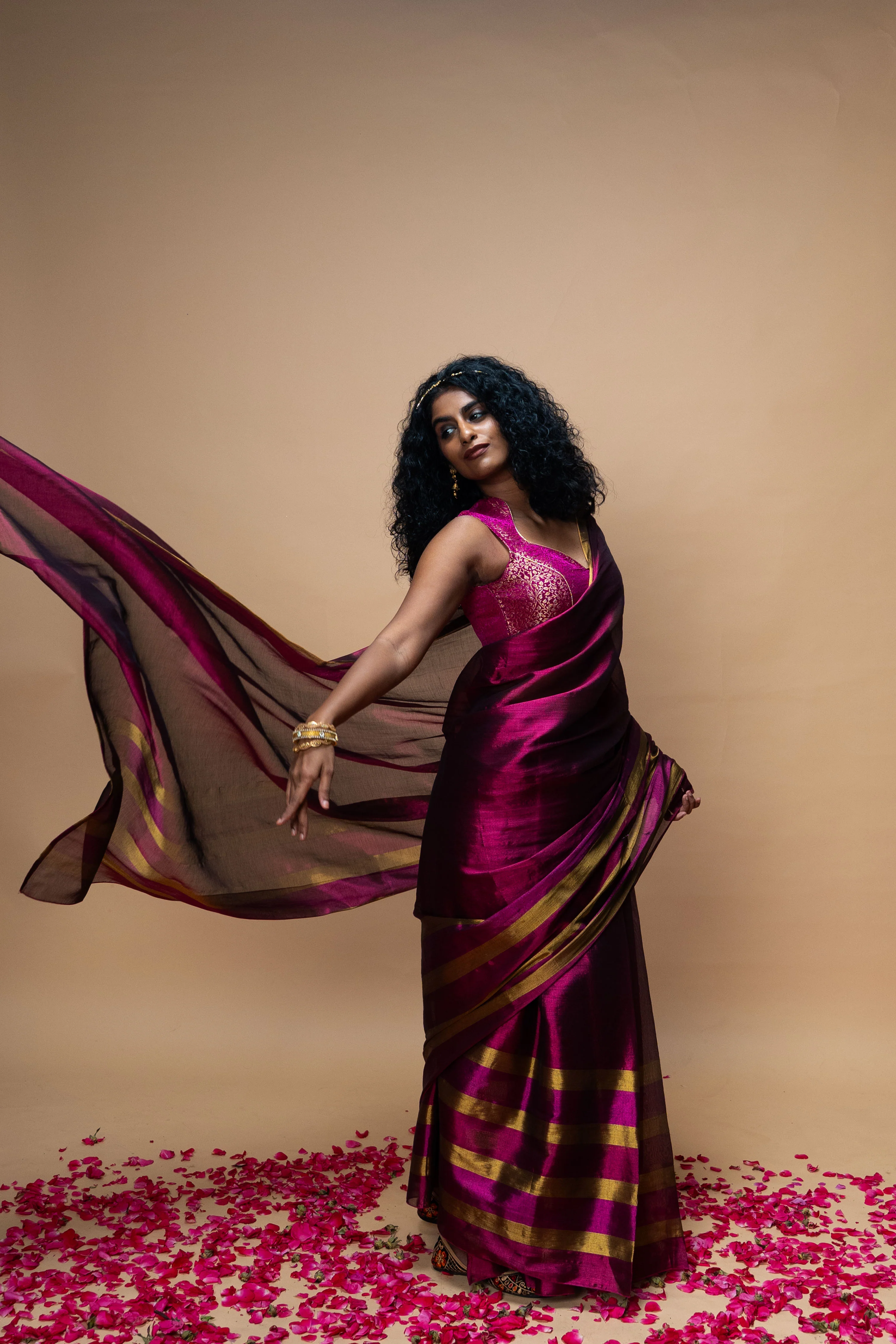 SAMVARA I Dark Pink Handwoven Tissue Saree with Multicoloured Striped Border - Image 2