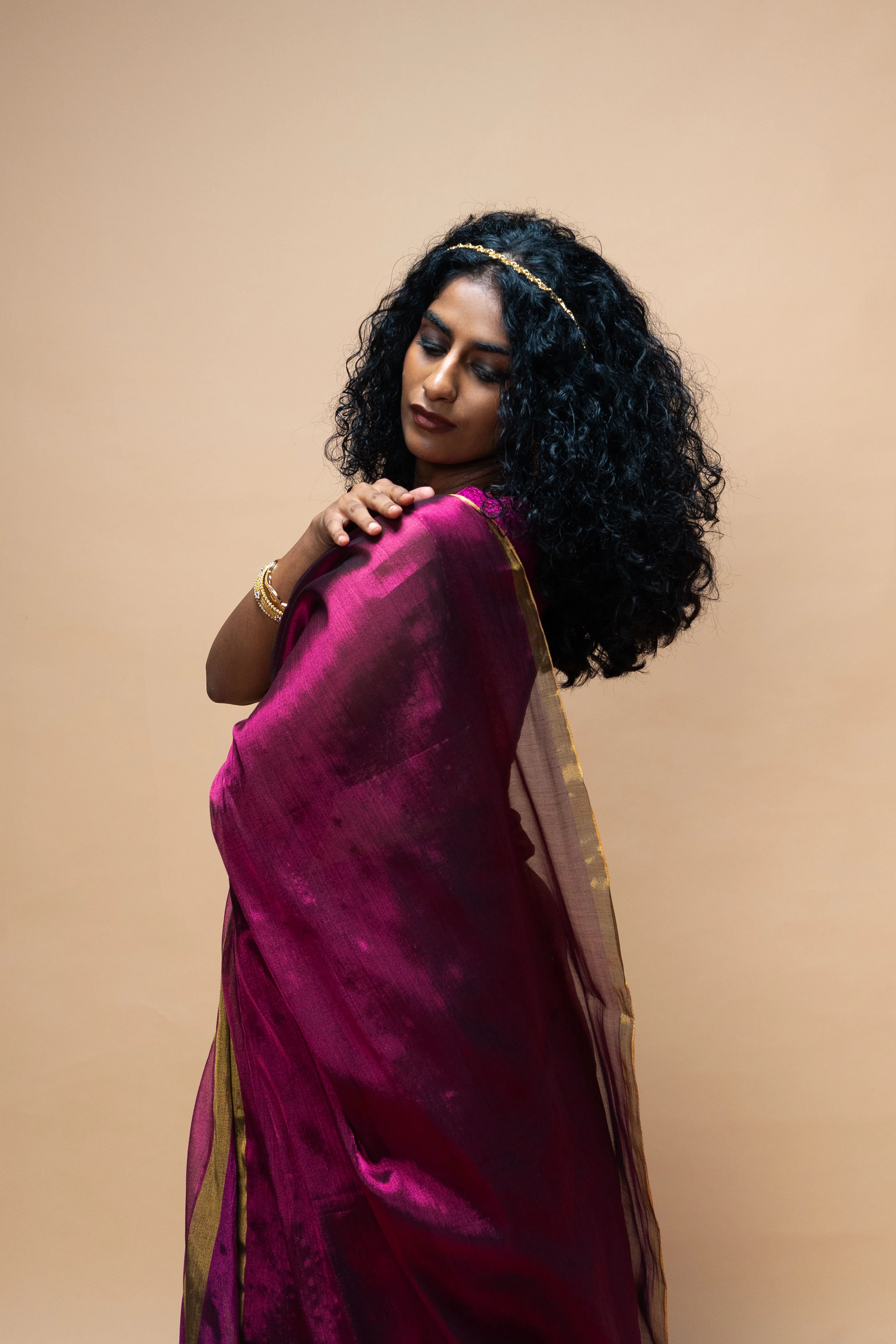 SAMVARA I Dark Pink Handwoven Tissue Saree with Multicoloured Striped Border - Image 3