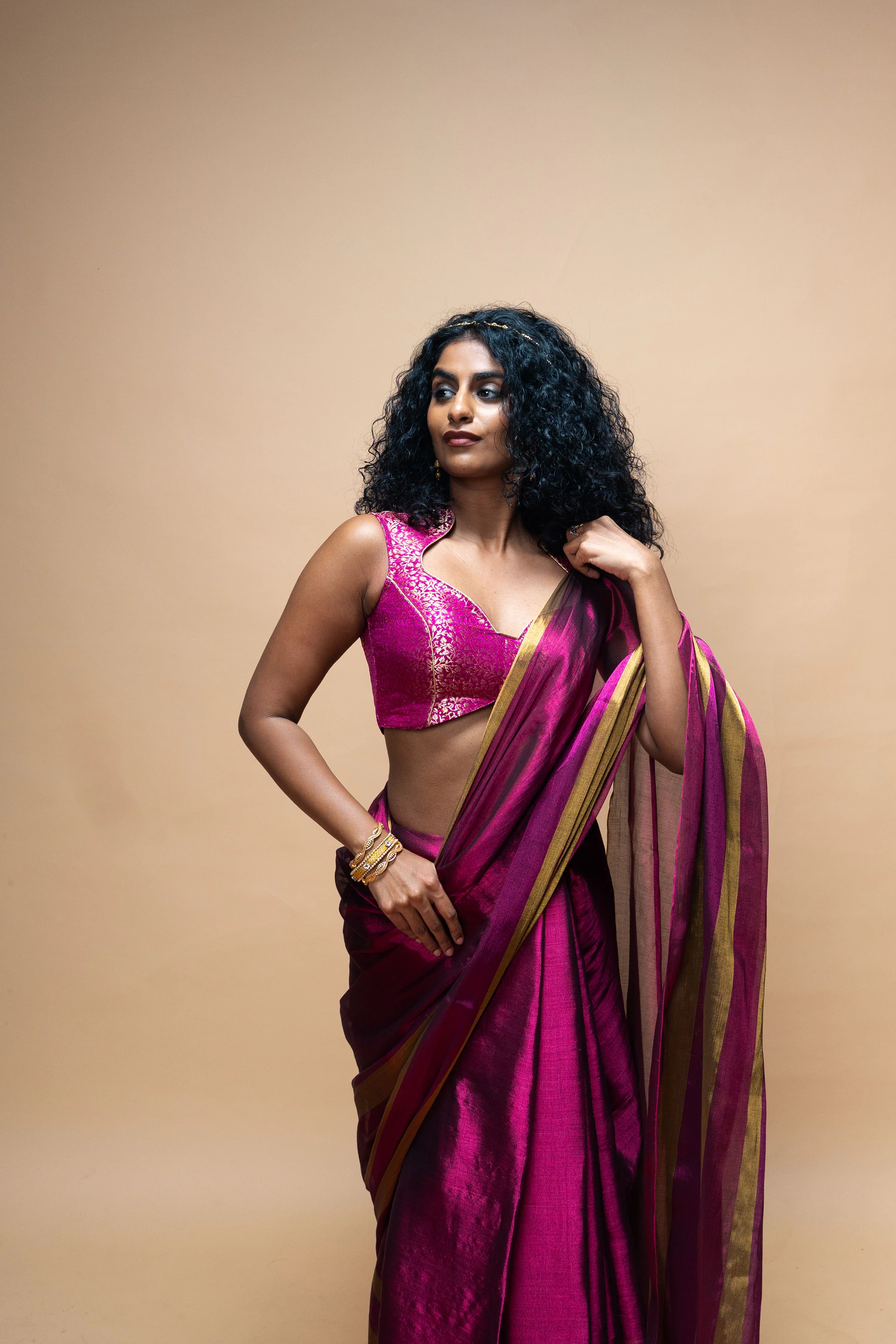 SAMVARA I Dark Pink Handwoven Tissue Saree with Multicoloured Striped Border - Image 4