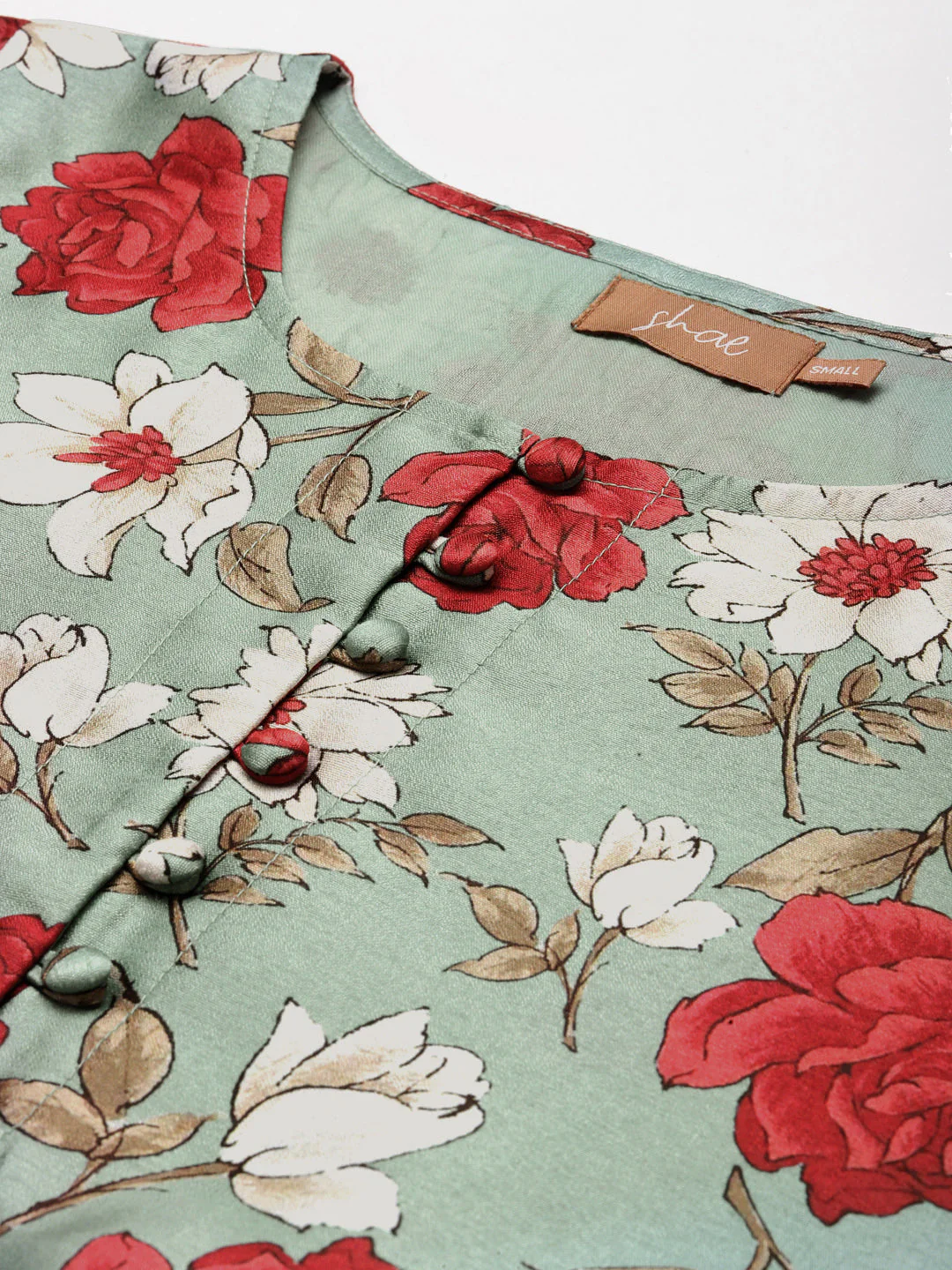 Women Sea Green Floral Front Button Top - Image 2