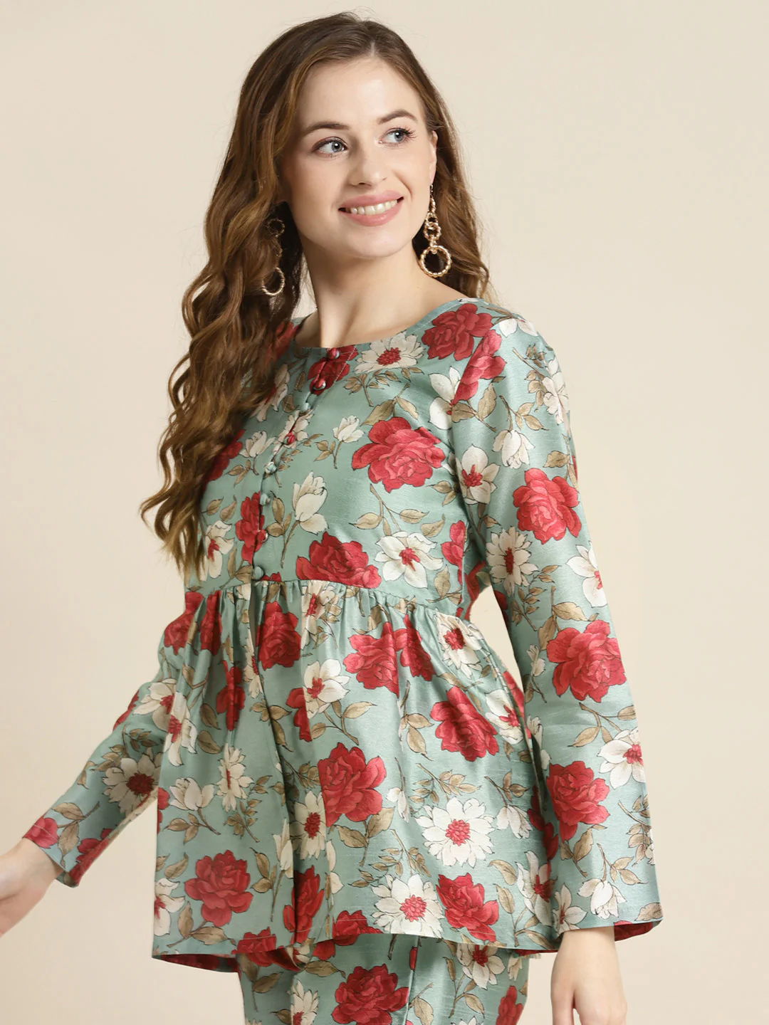 Women Sea Green Floral Front Button Top - Image 3