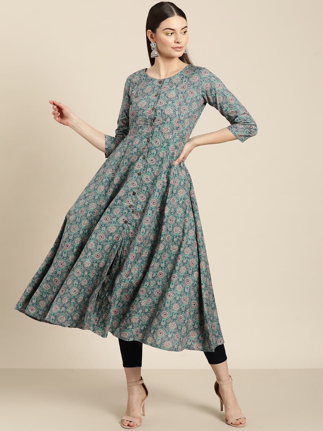 Sea Green Floral Front Open Anarkali Kurta - Image 2
