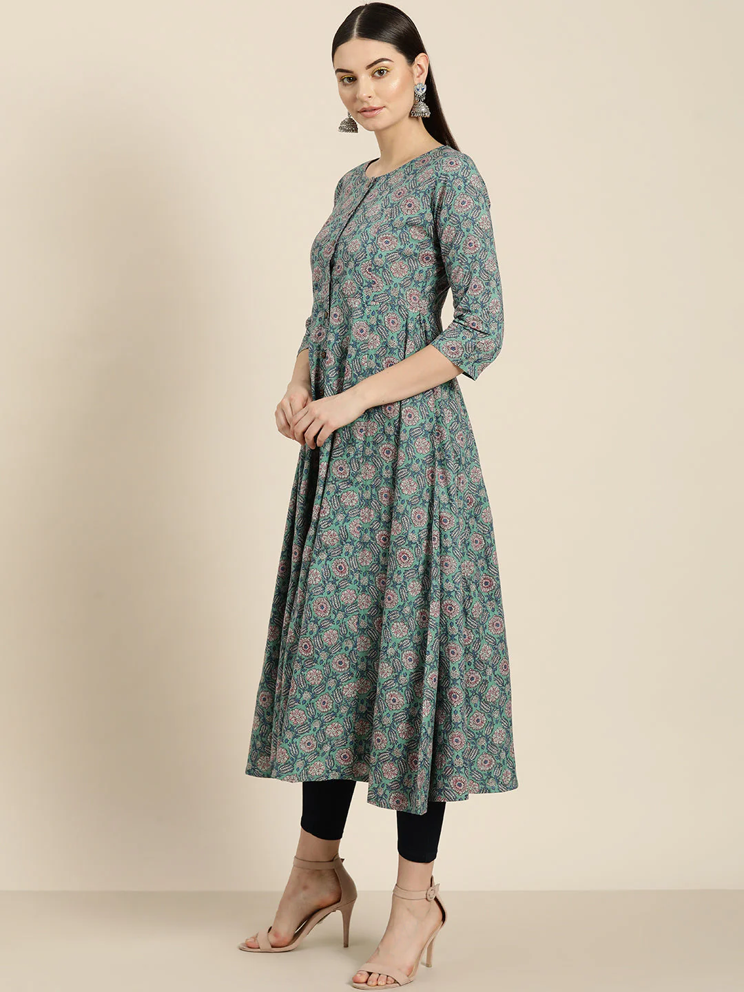 Sea Green Floral Front Open Anarkali Kurta - Image 4