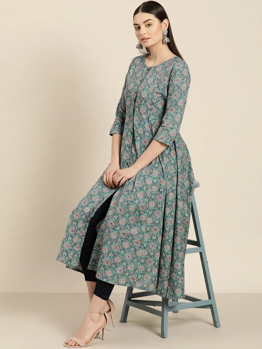 Sea Green Floral Front Open Anarkali Kurta - Image 8