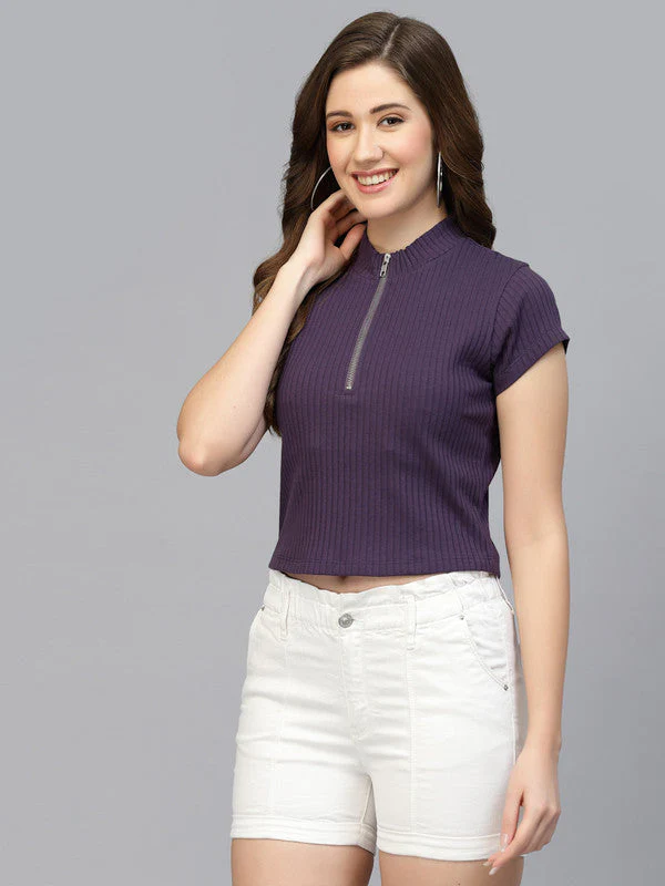 Zip Front Ribbed Crop Top For Women - Image 2