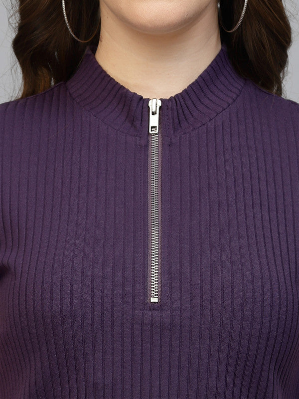 Zip Front Ribbed Crop Top For Women - Image 3