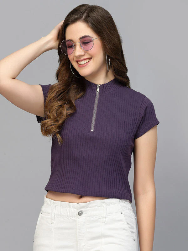 Zip Front Ribbed Crop Top For Women - Image 5