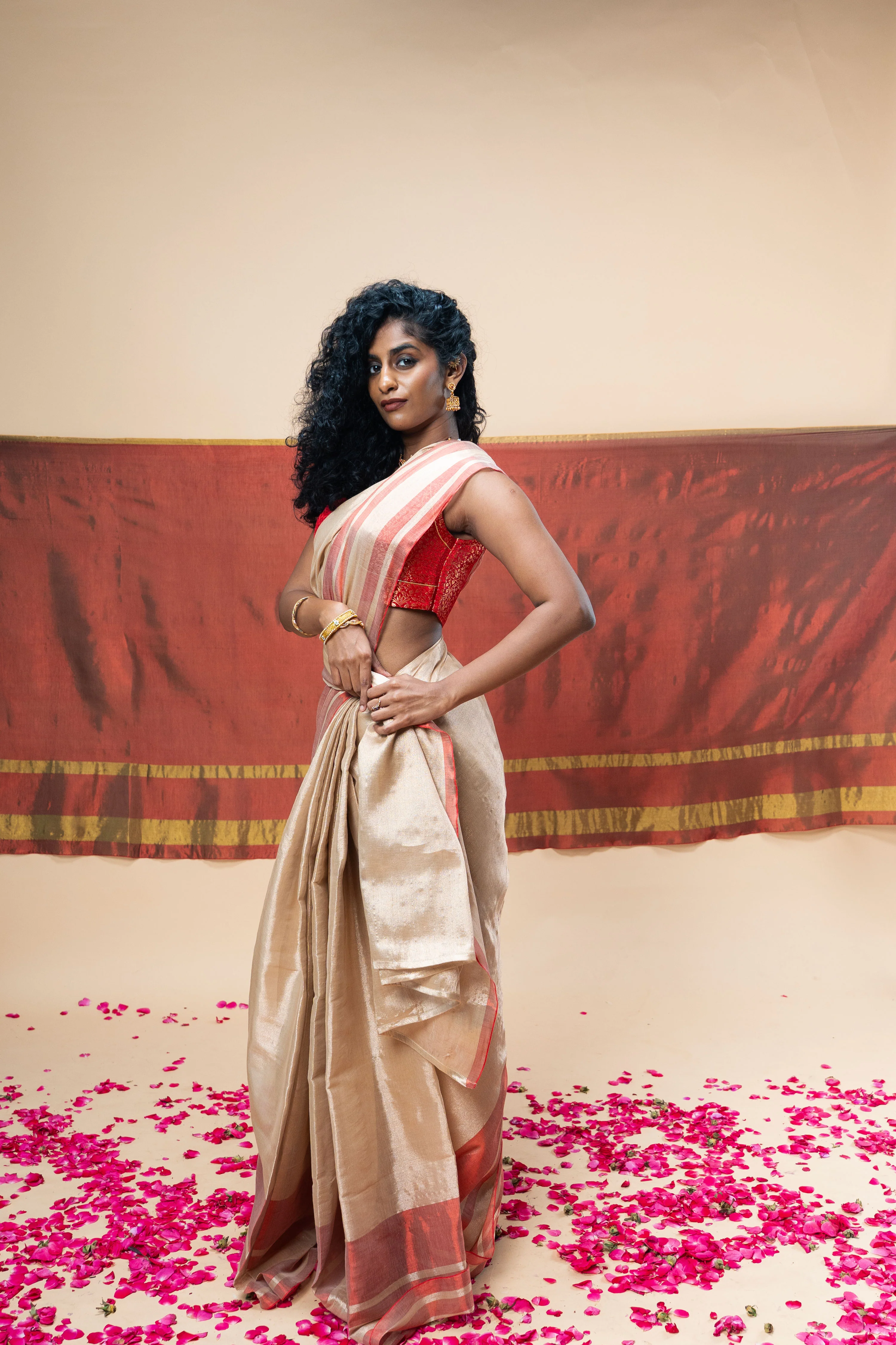 SHRAVI I Rose Gold Handwoven Tissue Saree with Red Striped Border - Image 4
