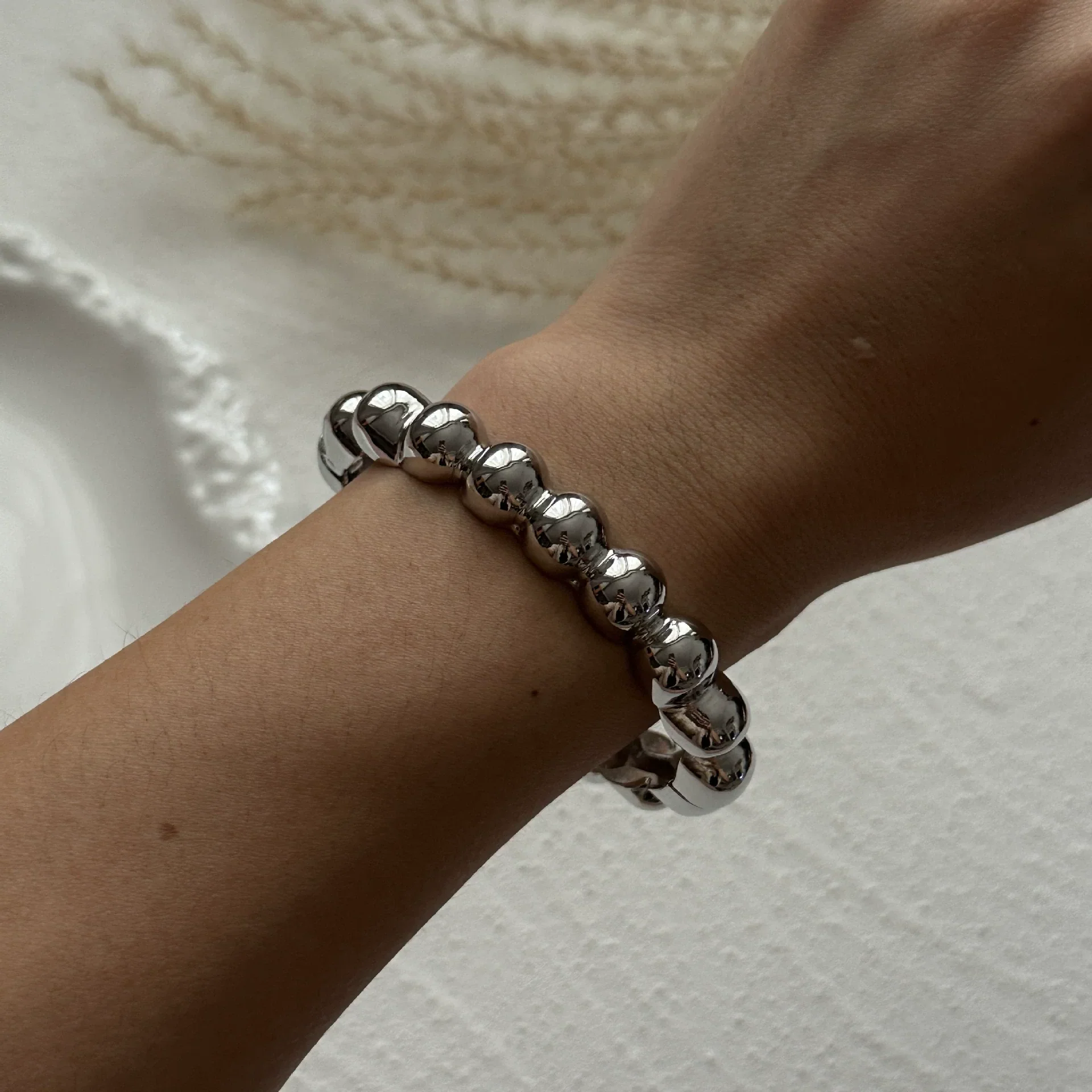 Silver Beaded Cuff Bracelet