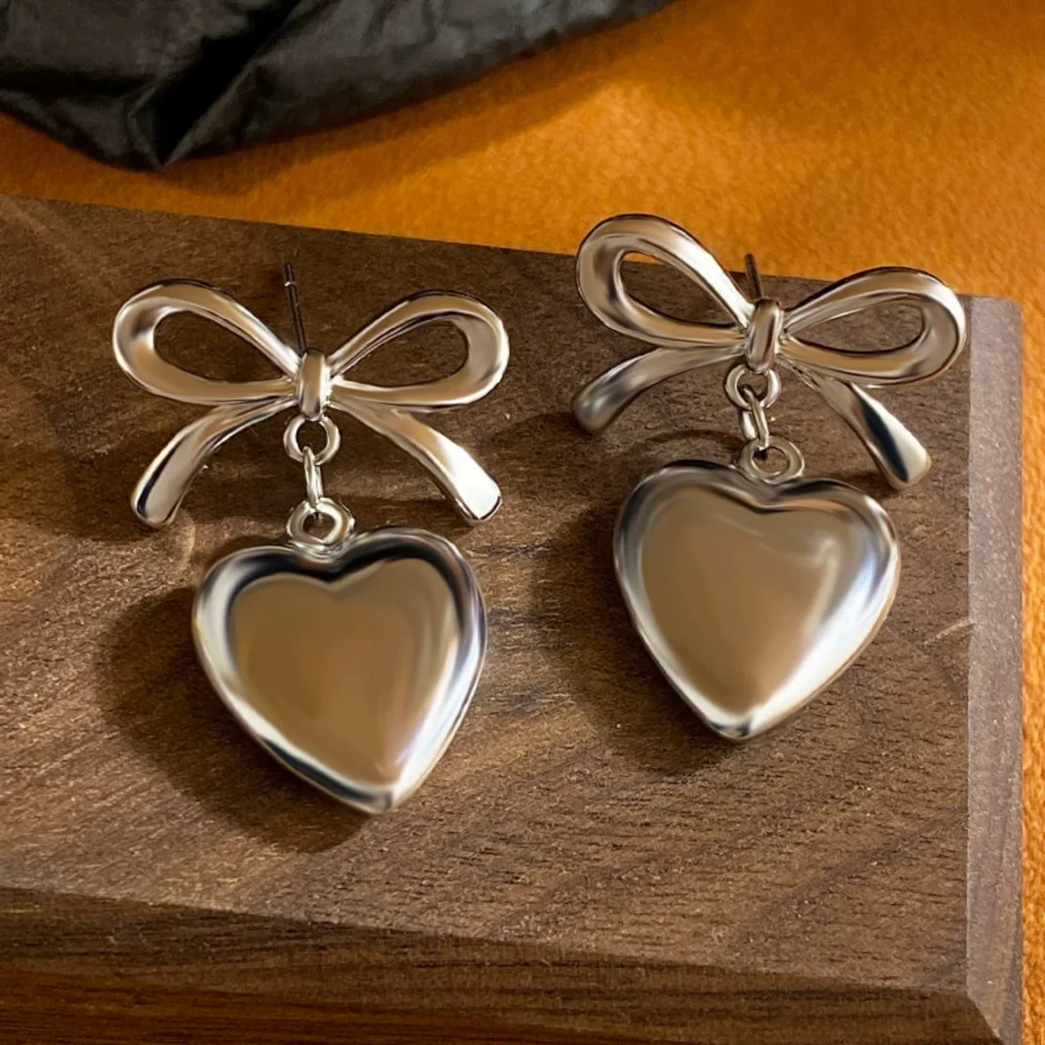Silver Bow Heart Drop Earrings