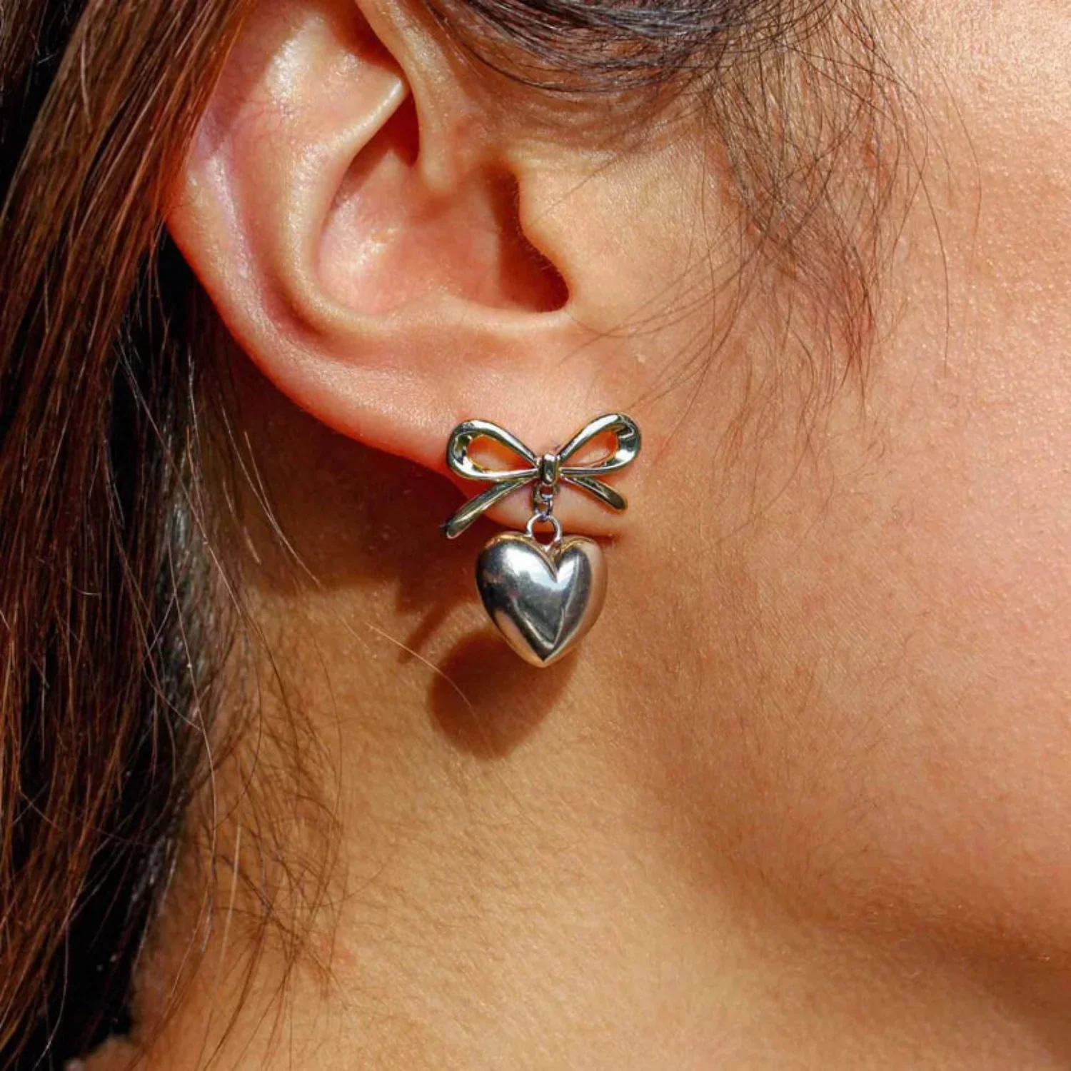 Silver Bow Heart Drop Earrings - Image 2