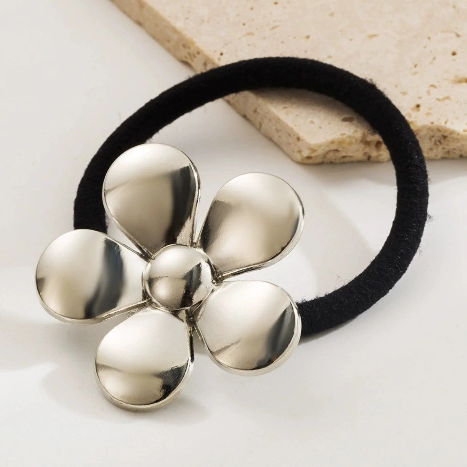 Silver Metallic Flower Hair Tie - Image 2