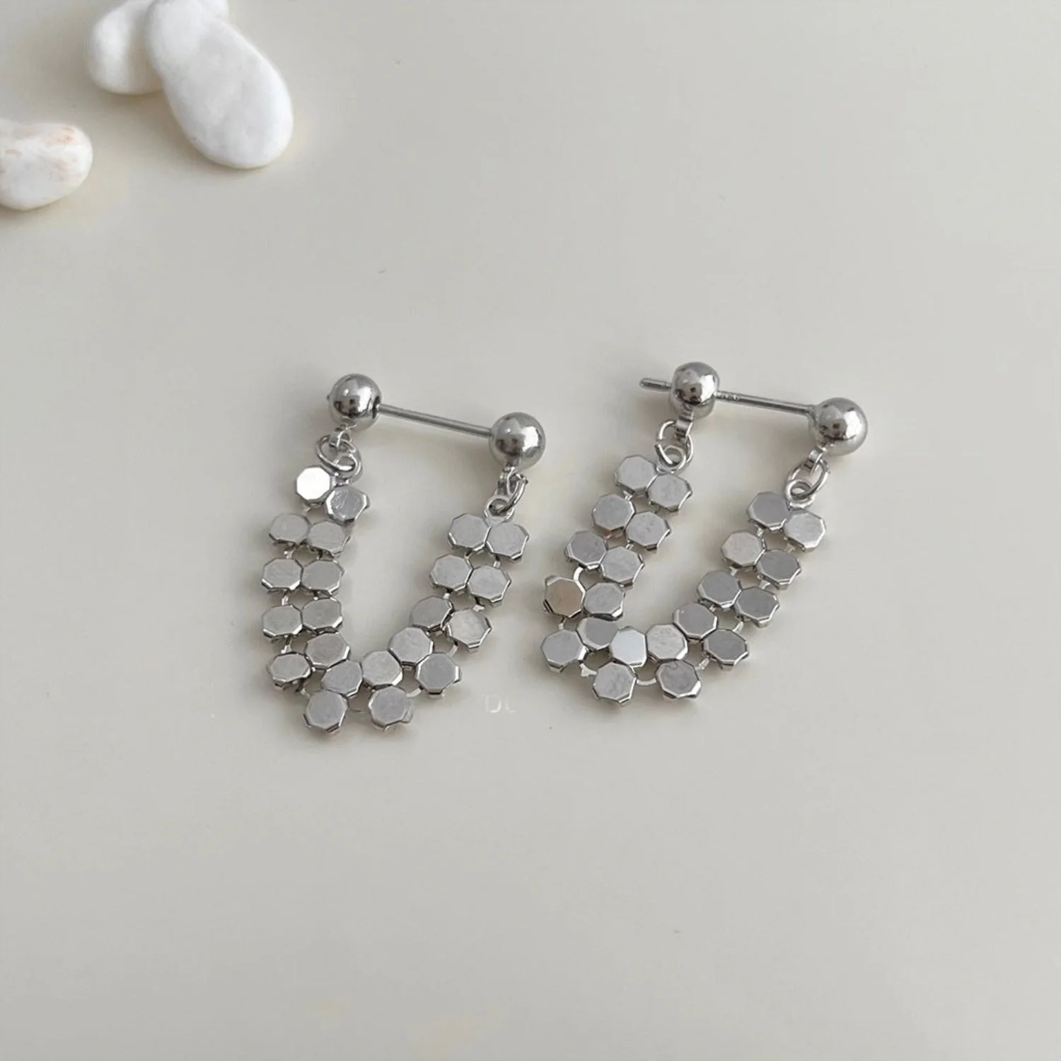 Sleek Hexagonal Link Silver Hoop Earring