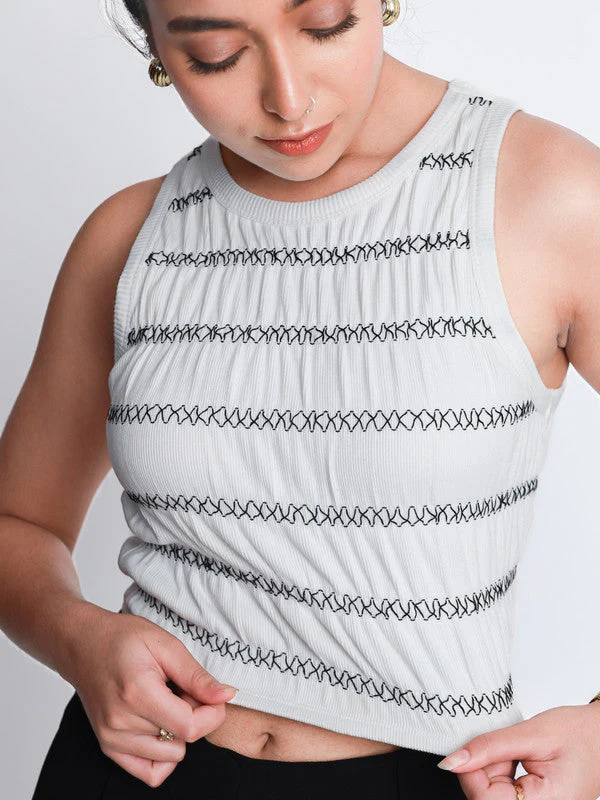 Women Smocked Vintage Rib Vest Crop Top - Image 4