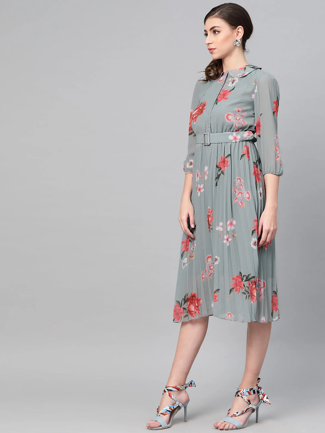 Women Steel Blue Floral Peterpan Collar Pleated Dress - Image 2