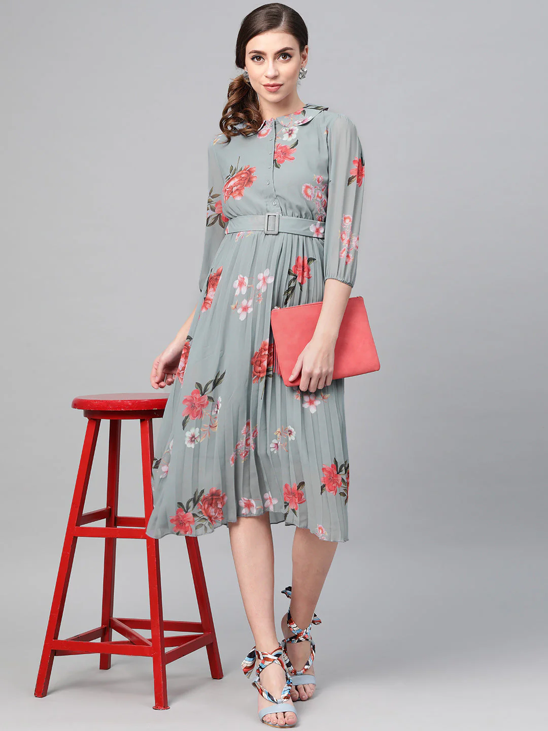 Women Steel Blue Floral Peterpan Collar Pleated Dress - Image 4