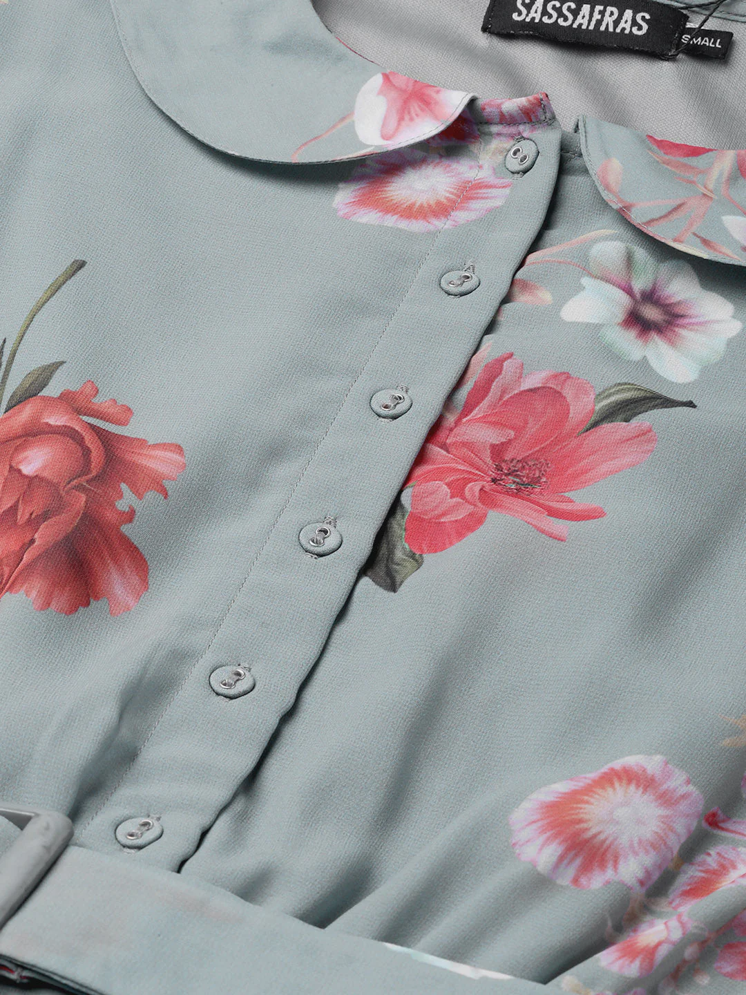 Women Steel Blue Floral Peterpan Collar Pleated Dress - Image 5