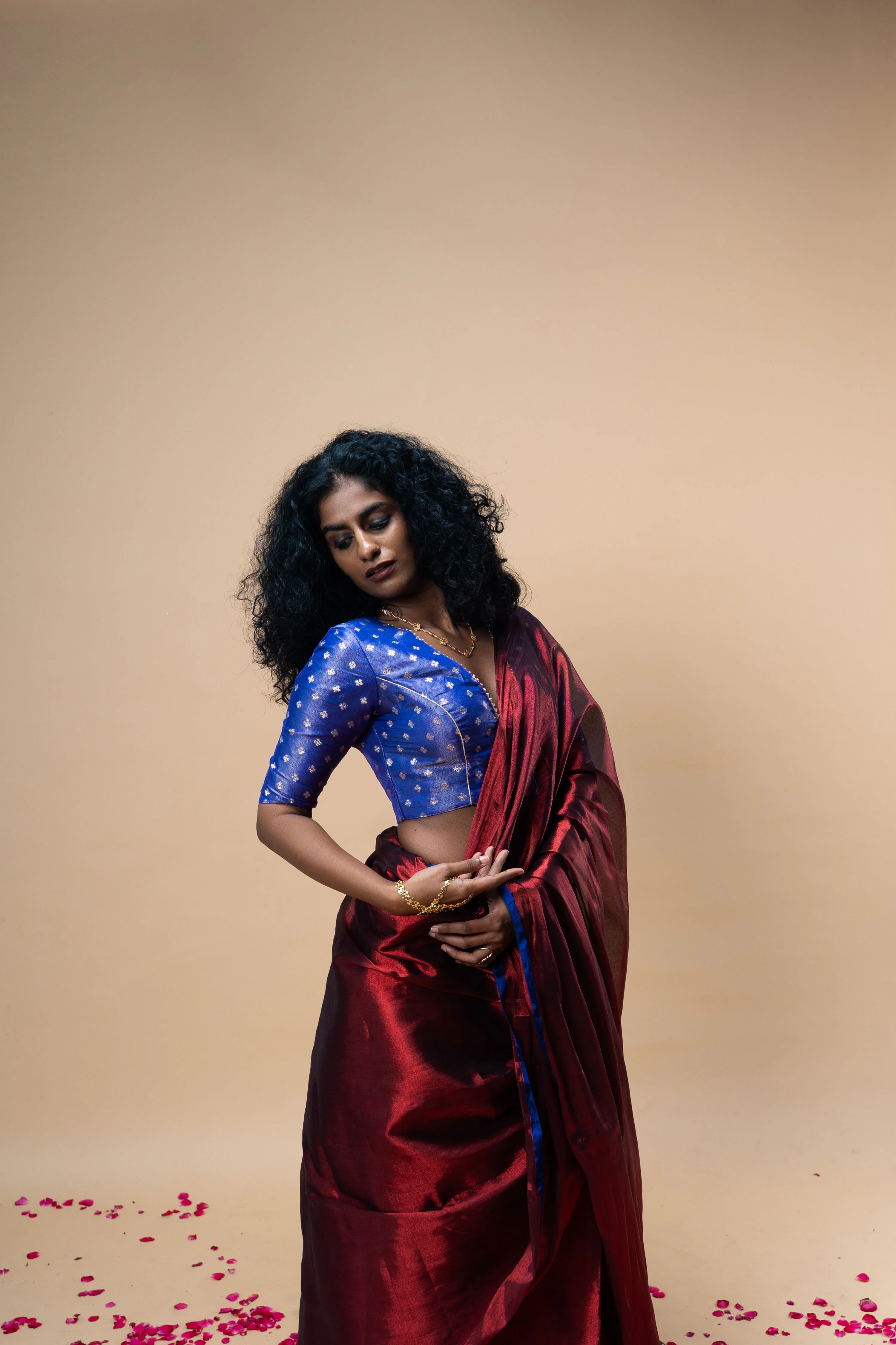 TANVYA I Red handwoven tissue saree with blue border