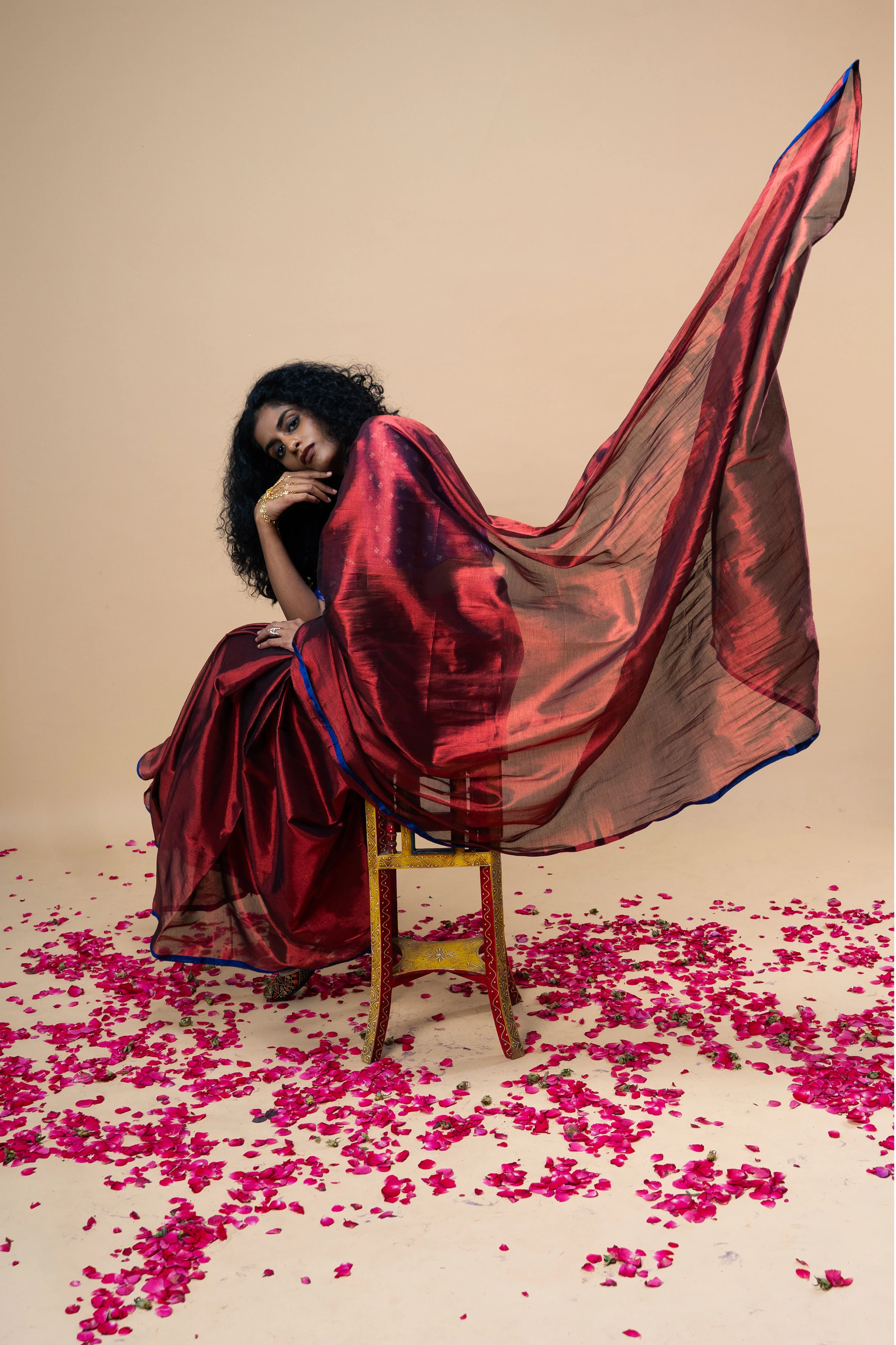 TANVYA I Red handwoven tissue saree with blue border - Image 4
