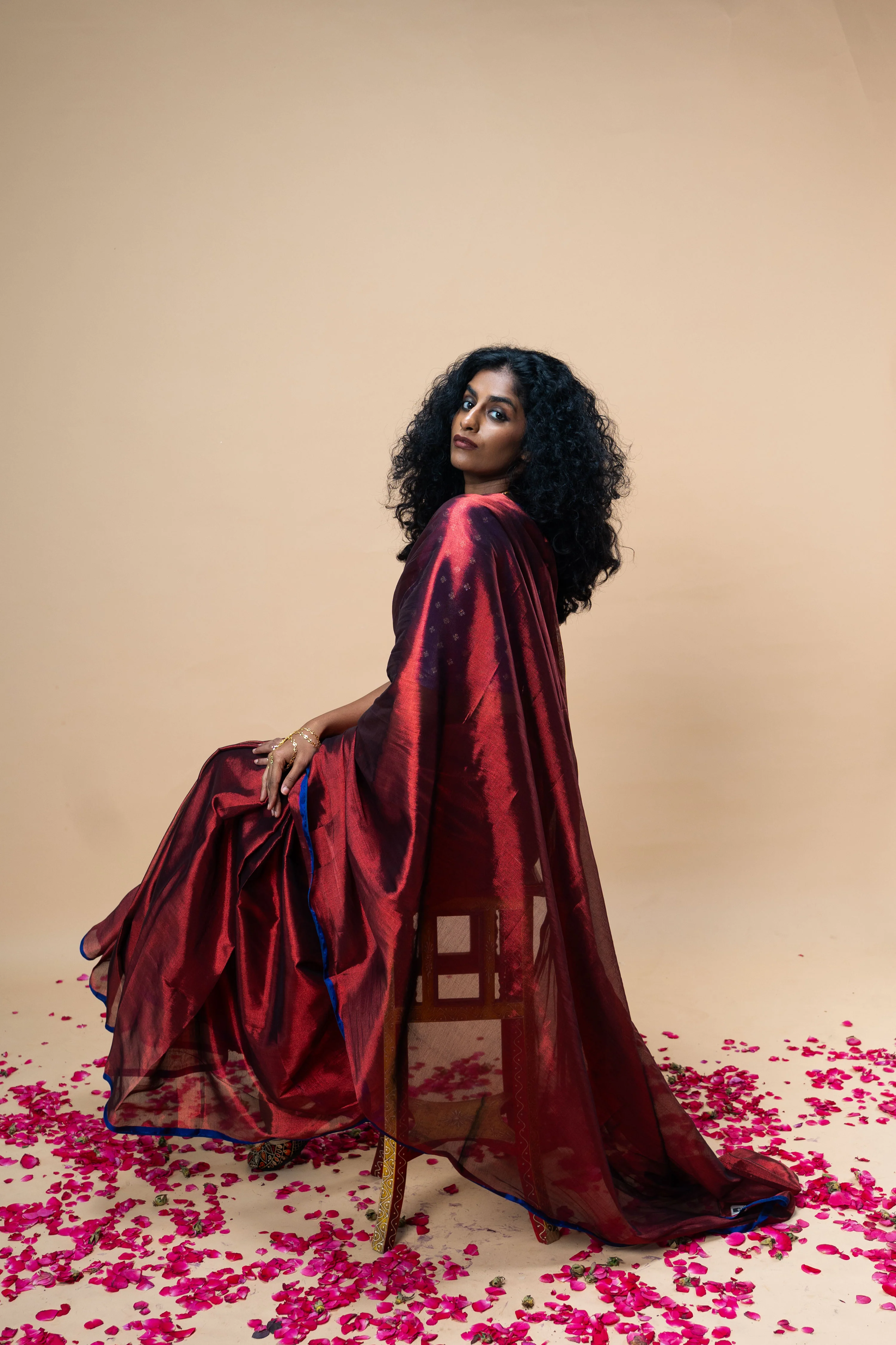TANVYA I Red handwoven tissue saree with blue border - Image 5