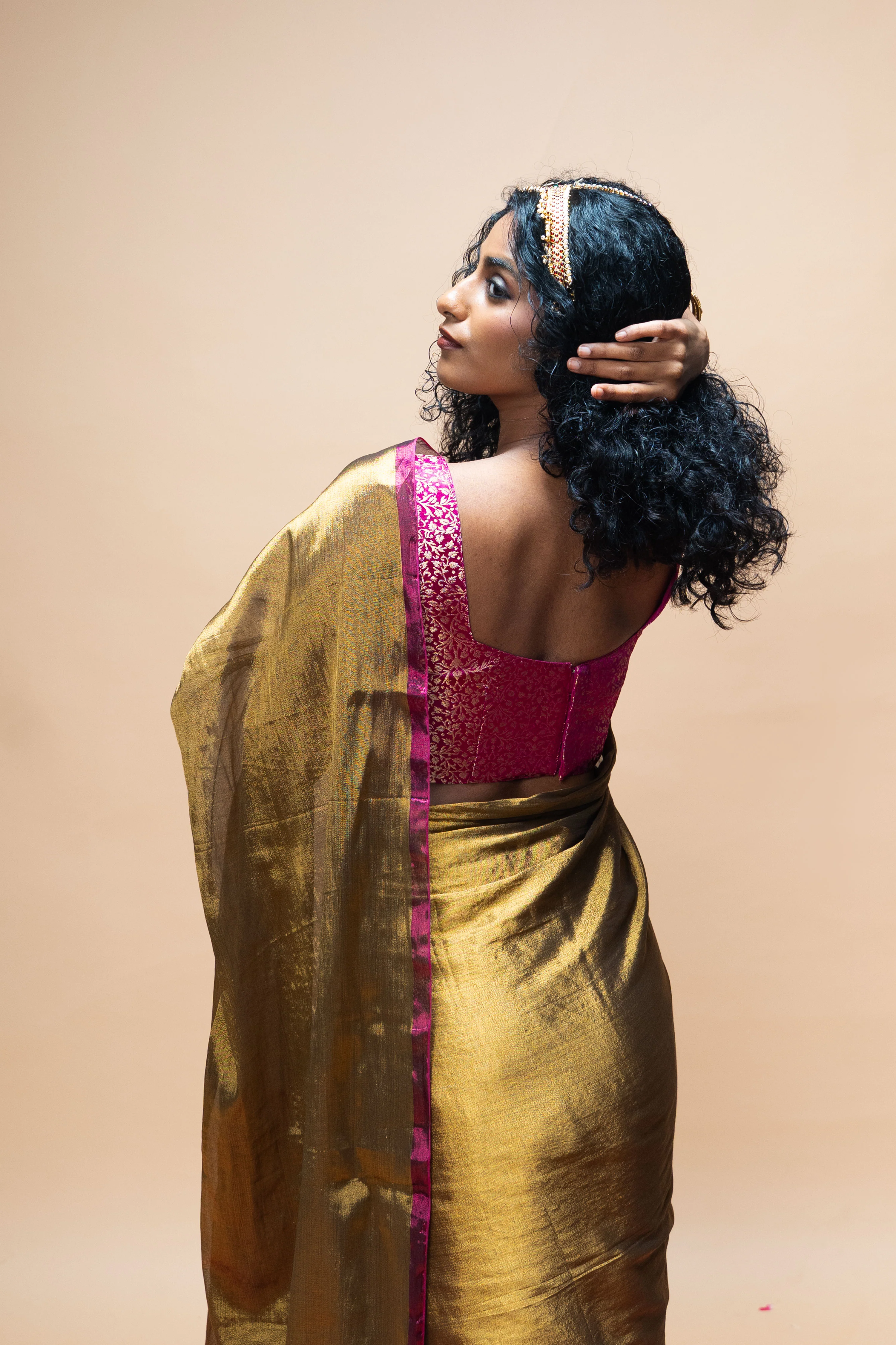 TAVYA I Gold Handwoven Tissue Saree with Dark Pink and Silver Striped Border - Image 2