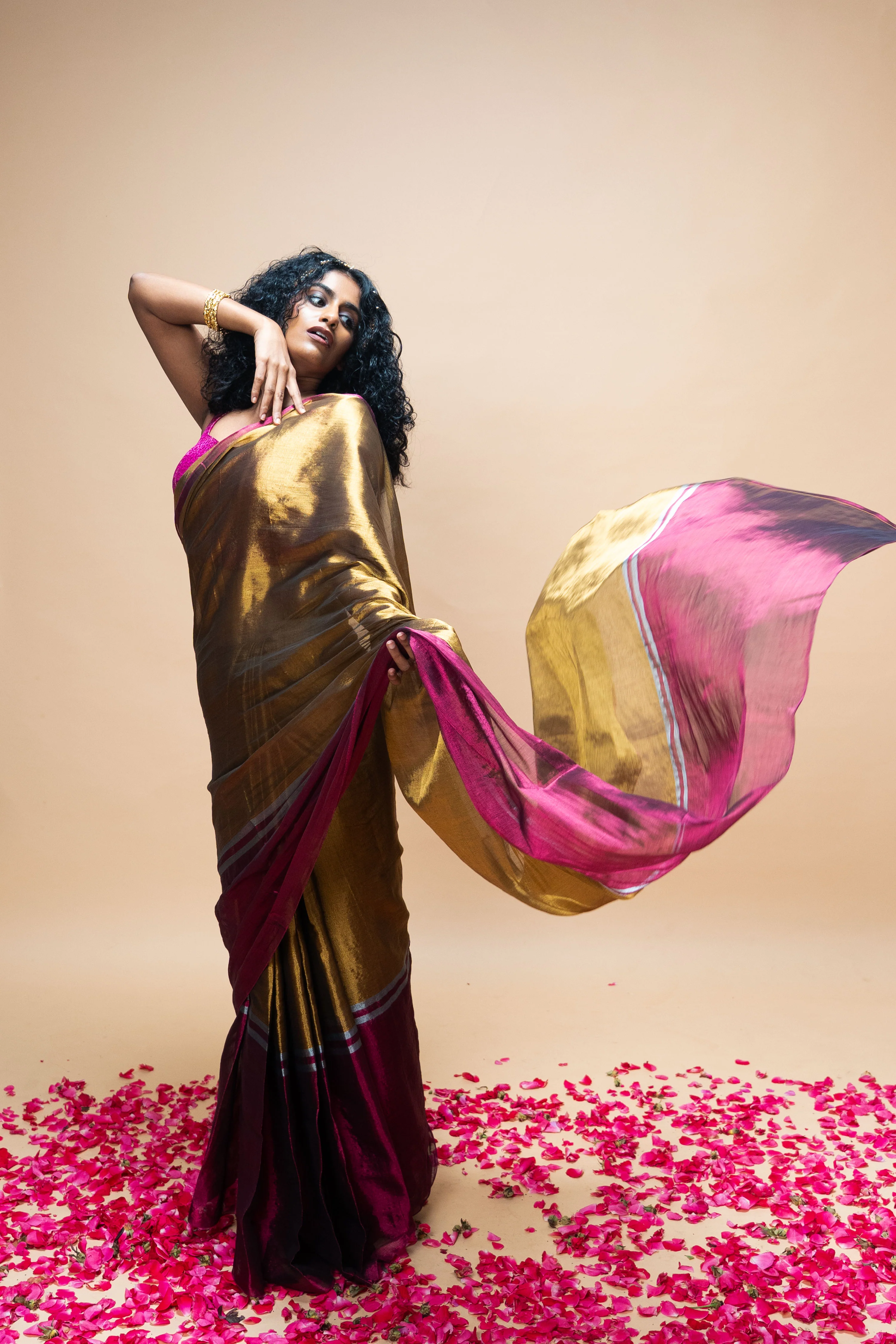 TAVYA I Gold Handwoven Tissue Saree with Dark Pink and Silver Striped Border - Image 3