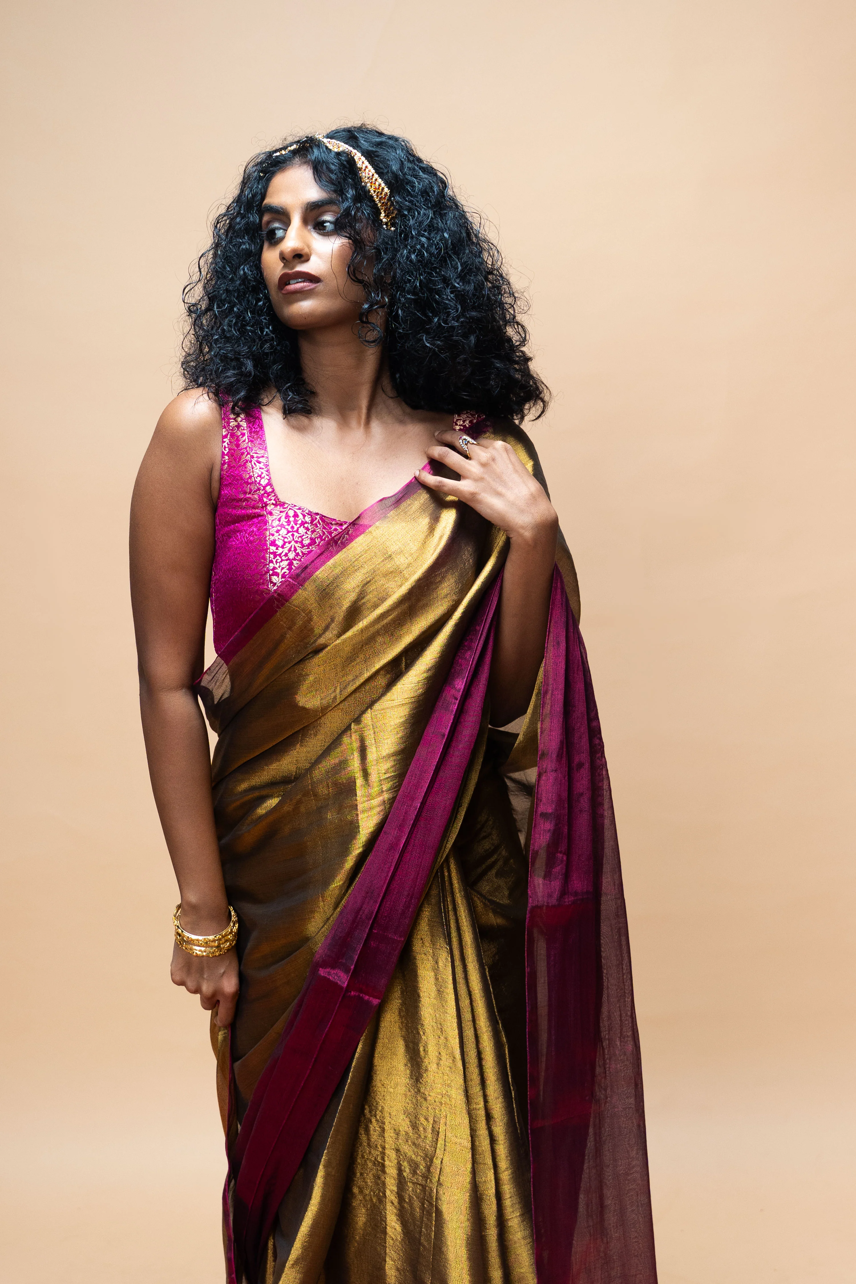 TAVYA I Gold Handwoven Tissue Saree with Dark Pink and Silver Striped Border - Image 4