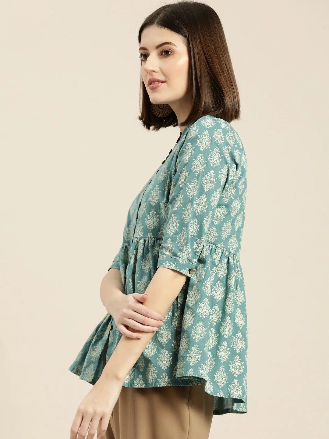 Teal Printed Front Button Gathered Top - Image 2