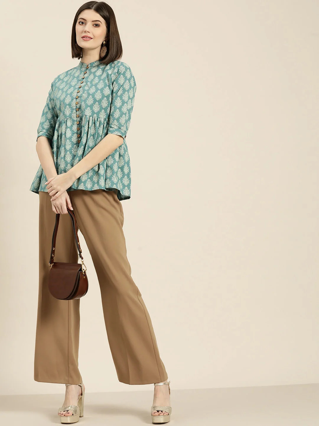 Teal Printed Front Button Gathered Top - Image 3