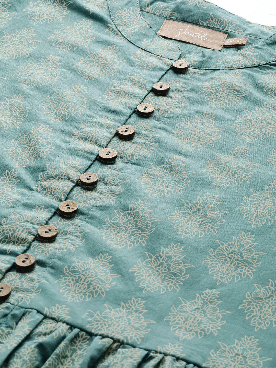 Teal Printed Front Button Gathered Top - Image 4