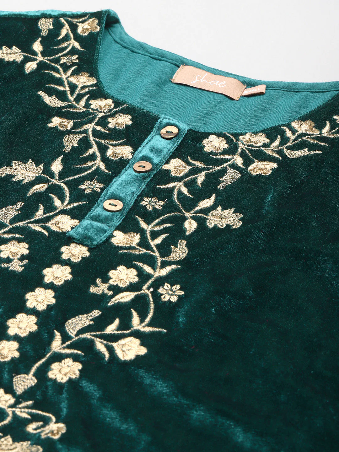 Teal Velvet Floral Zari Embroidery Kurta - Image 2