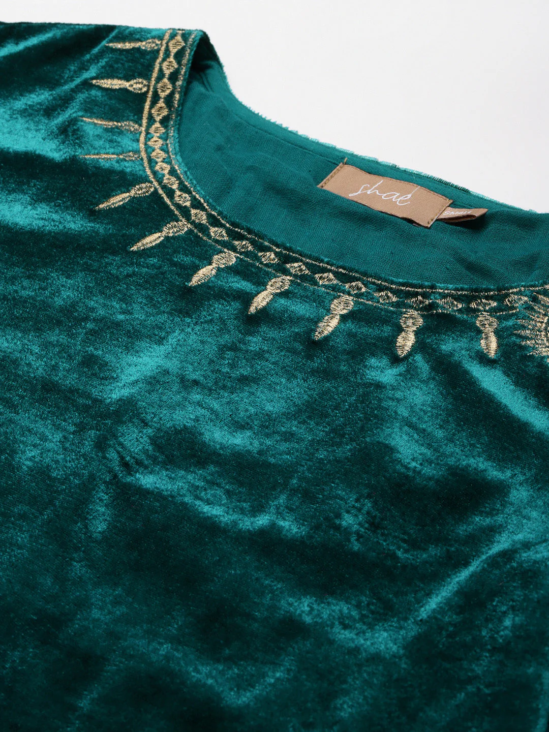 Teal Velvet Zari Embroidered Short Kurta - Image 2